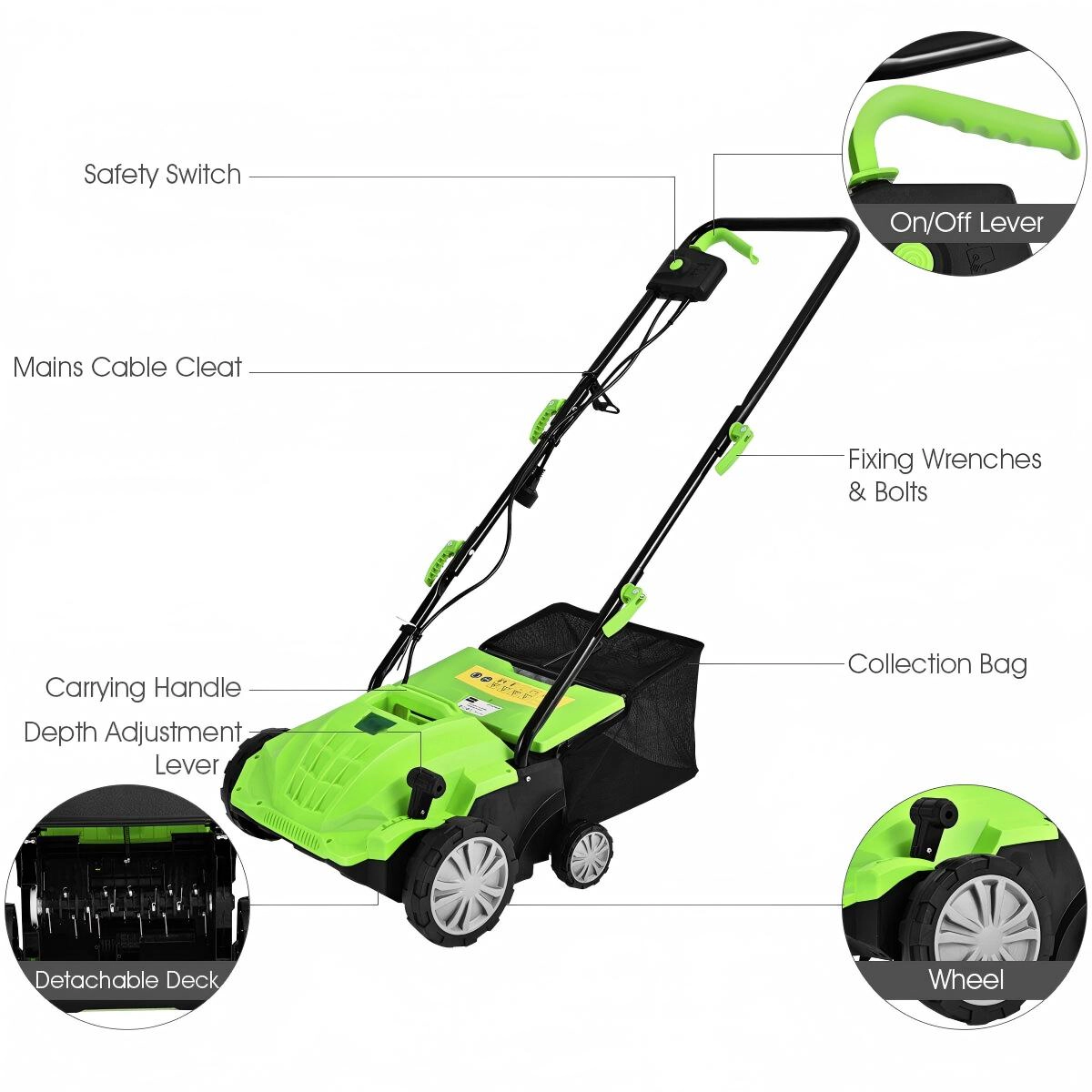 SUGIFT Green 13-in 12-Amp Electric Lawn Dethatcher and Scarifier with 11-gal Bag and Removable Blades