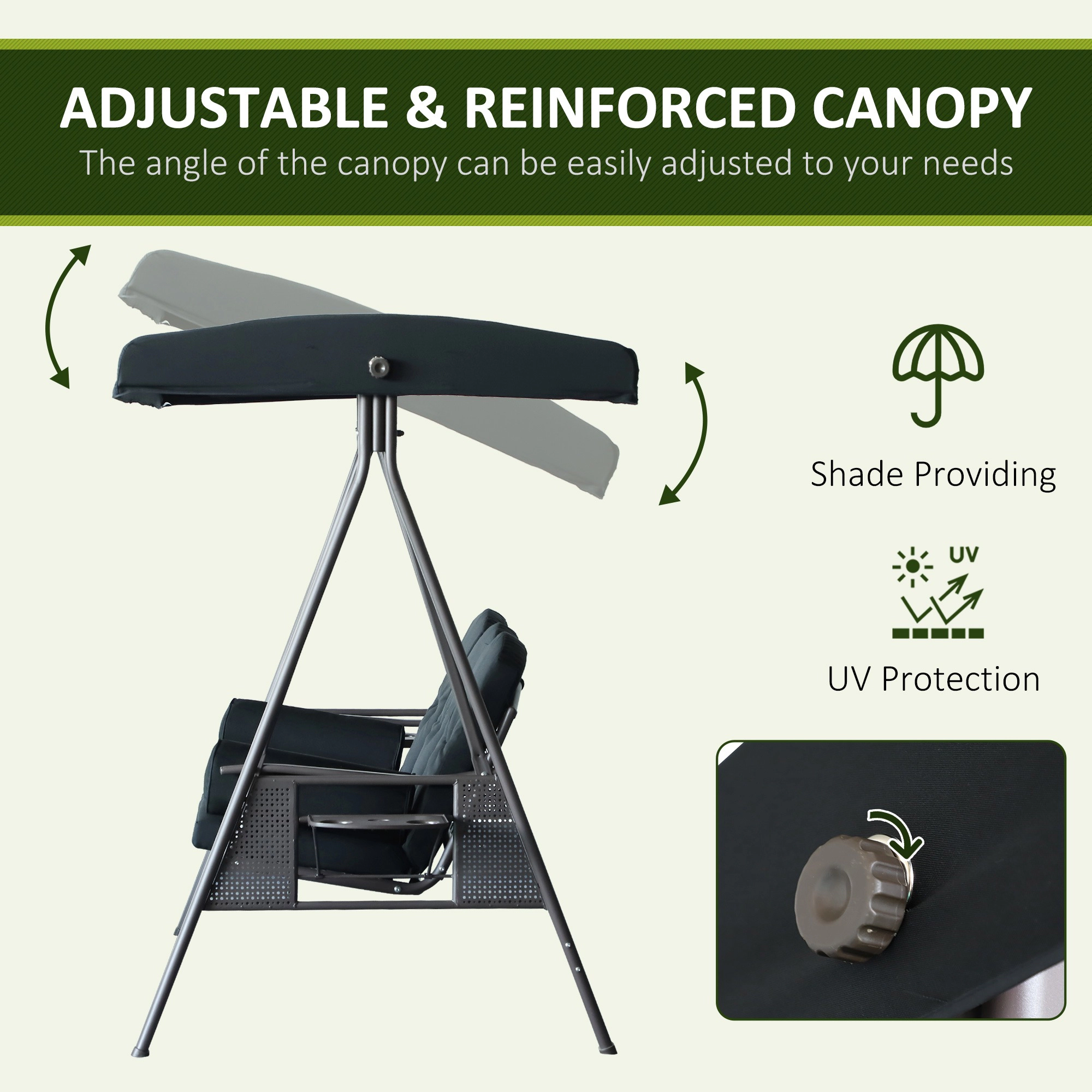 HONGGE 3-Seat Patio Swing Chair, Outdoor Porch Swing Glider with Adjustable Canopy, Removable Cushion