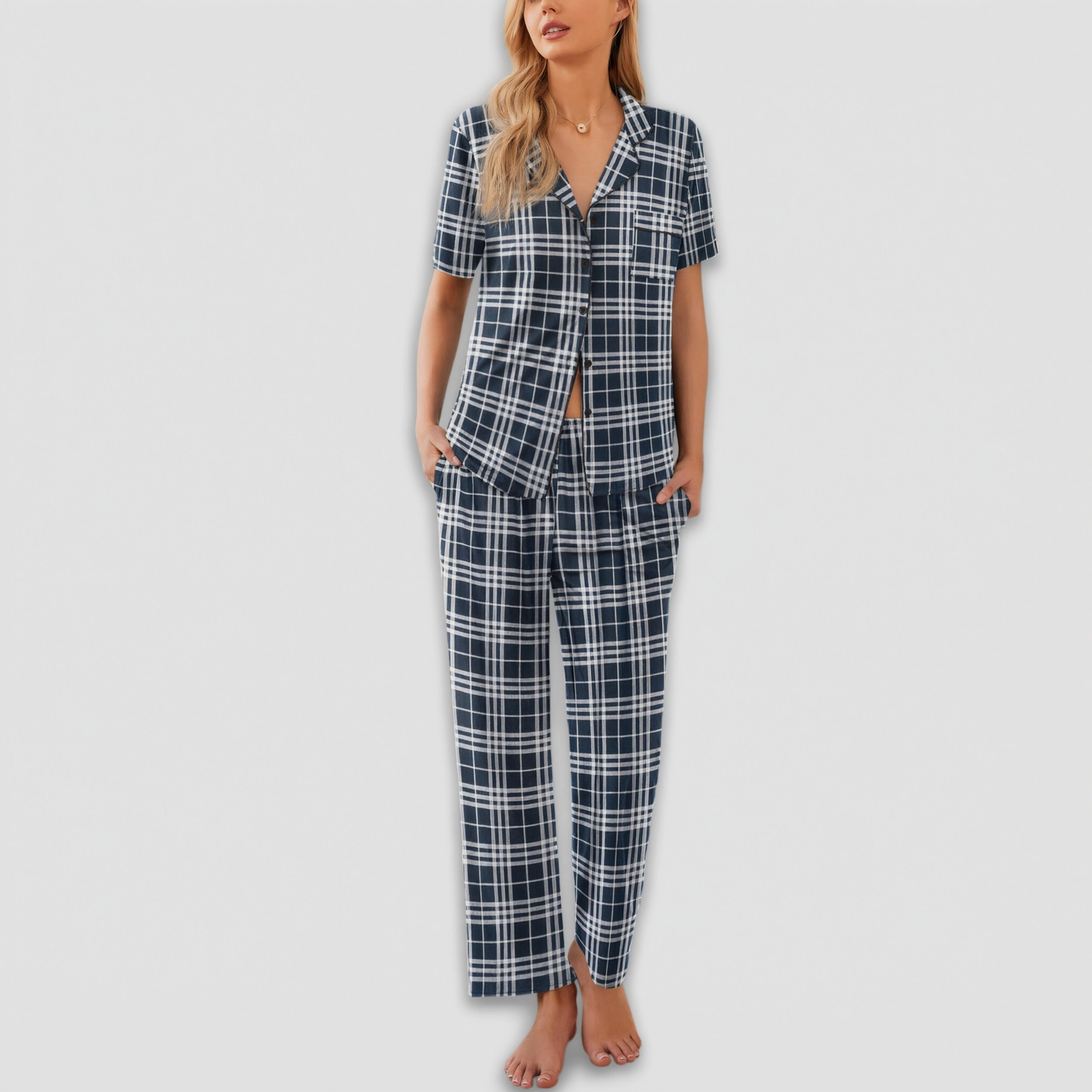Ekouaer Womens Pajamas Set Button Down Sleepwear Short Sleeve Nightwear with Long Pants