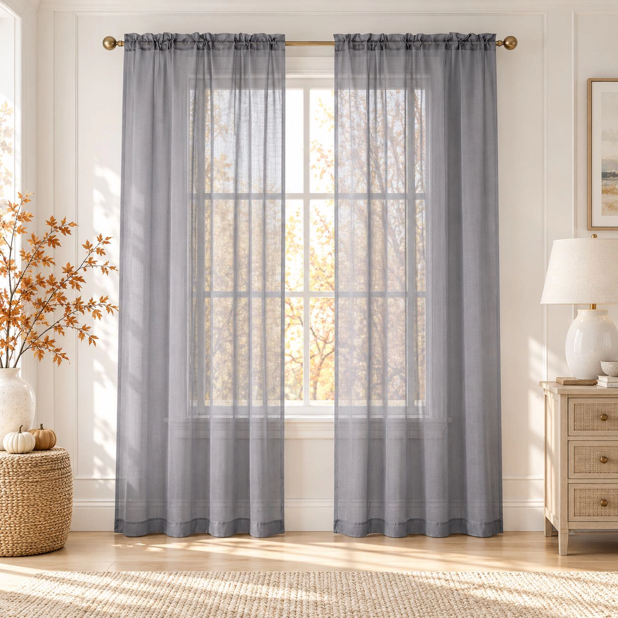 Kate Aurora 2 Piece For Extra Long Windows Rod Pocket Gray Rod Pocket Sheer Curtain Panels - 95 in. Long