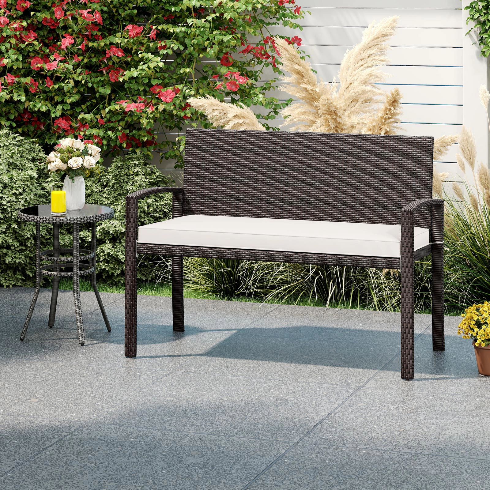 LJG Wicker 2-Seat Bench with Soft Seat Cushion and Metal Frame