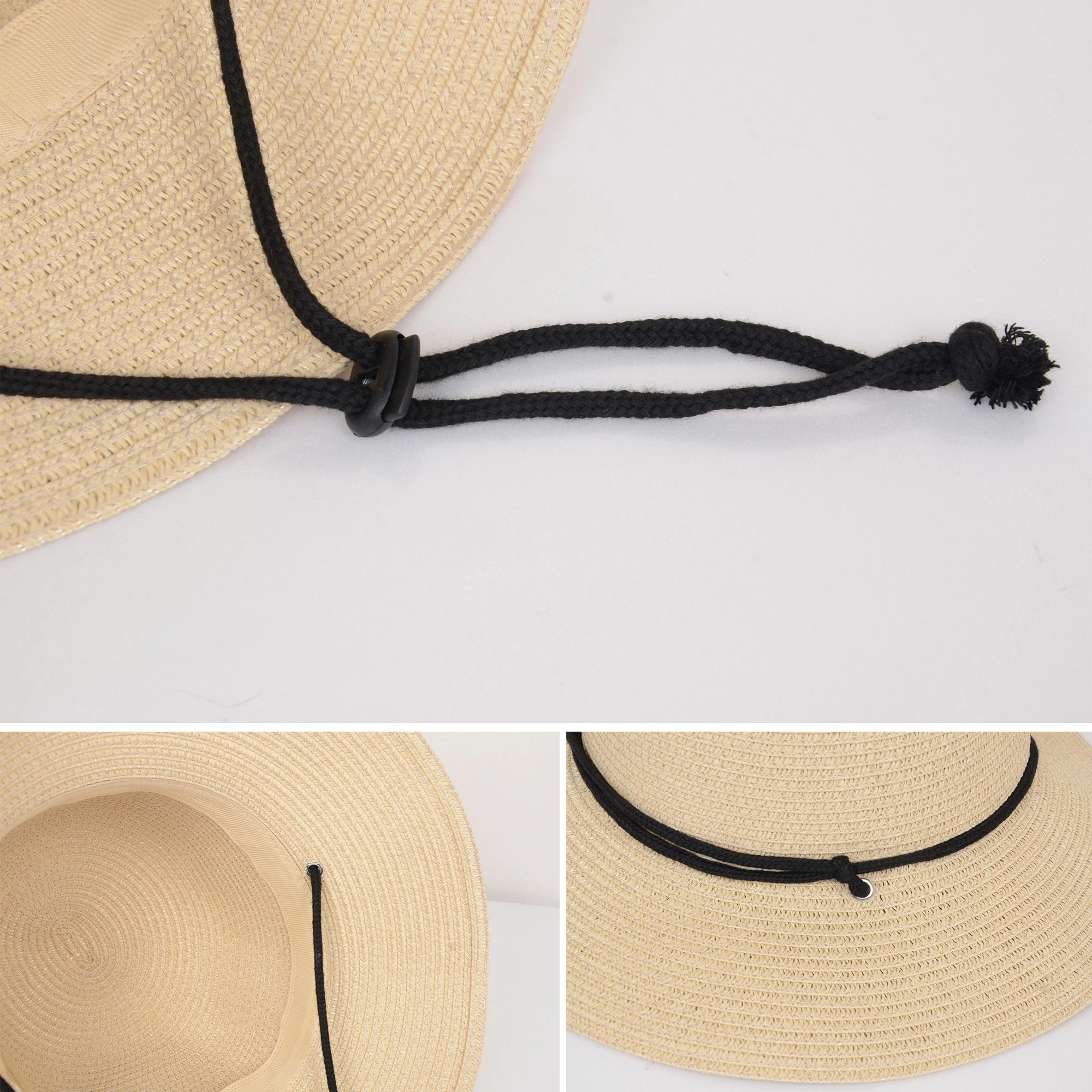 Anna-Kaci Women's Wide Brim Straw Sun Hat with Chin Strap and Black Cord Detail for Outdoor Protection