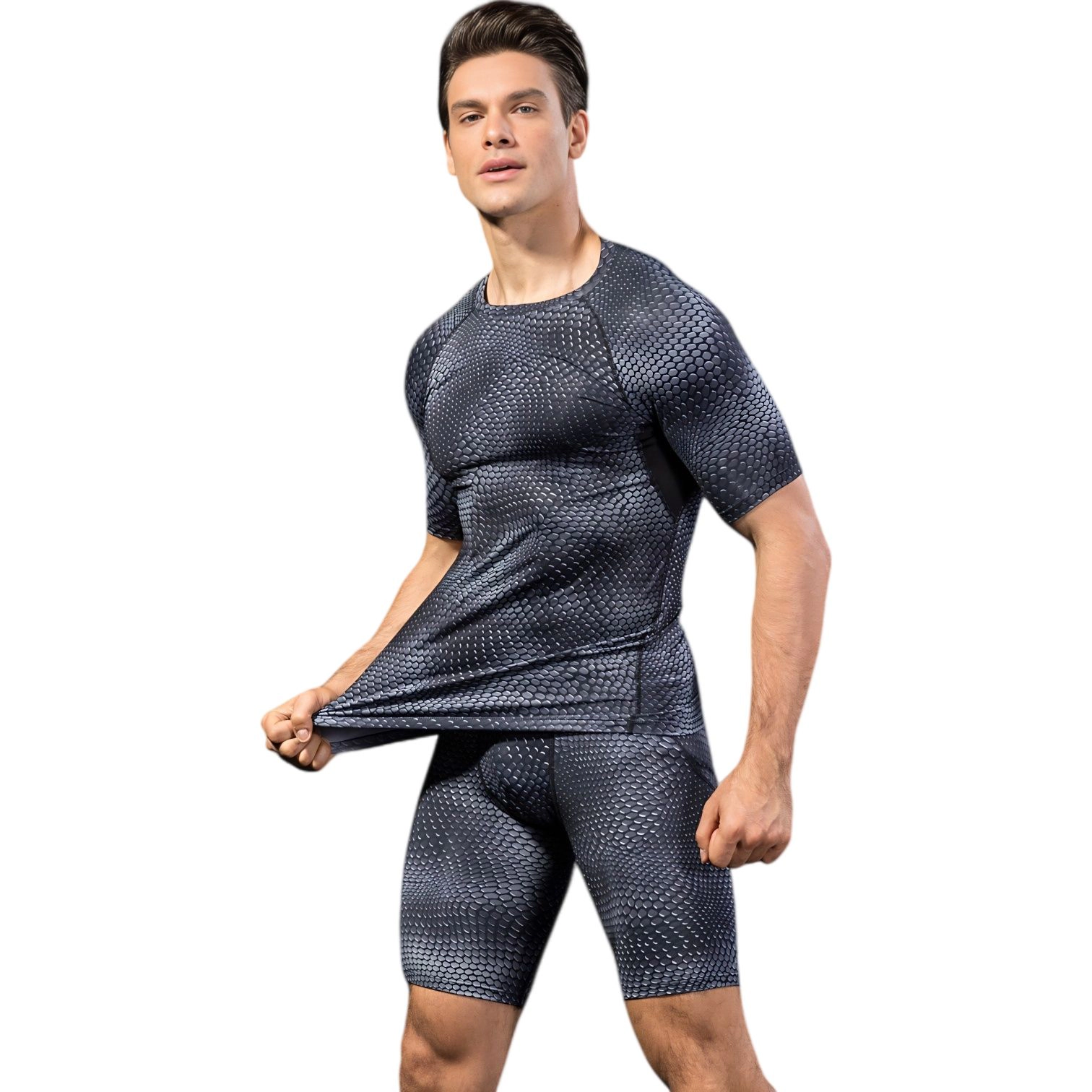 Anna-Kaci Men's Honeycomb Textured Compression Shirt with Short Sleeves and Stretch Fit