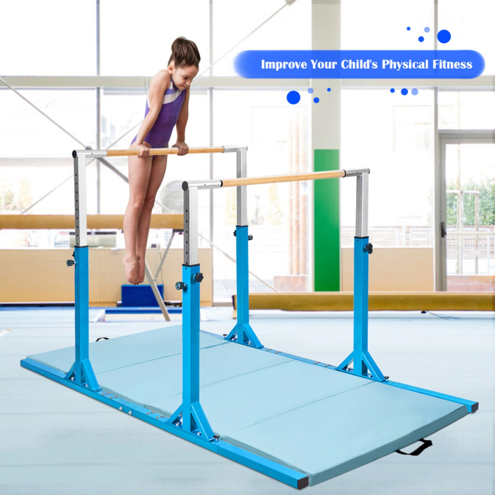 SUGIFT Adjustable Double Horizontal Gymnastic Training Parallel Bars 220-lb Capacity Ages 6-12 Blue Purple Pink