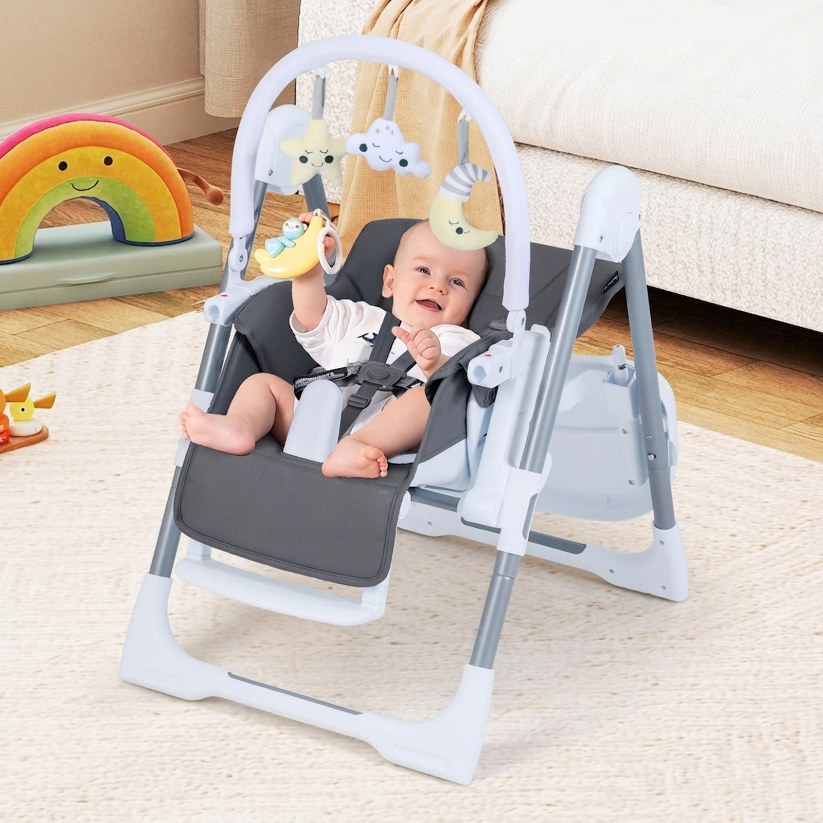Foldable Baby High Chair Removable Toy Bar Reclining Backrest Dishwasher-Safe Double Trays for Toddlers Dark Gray
