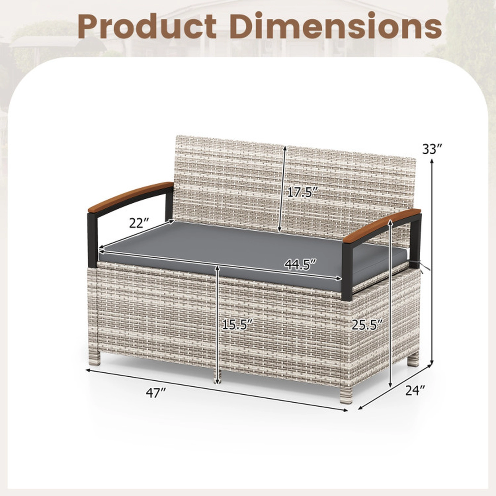 SUGIFT Gas Strut Lid 46-Gallon Acacia Armrests PE Rattan Storage Bench 47-in x 24-in x 33-in 800-lb Capacity Gray