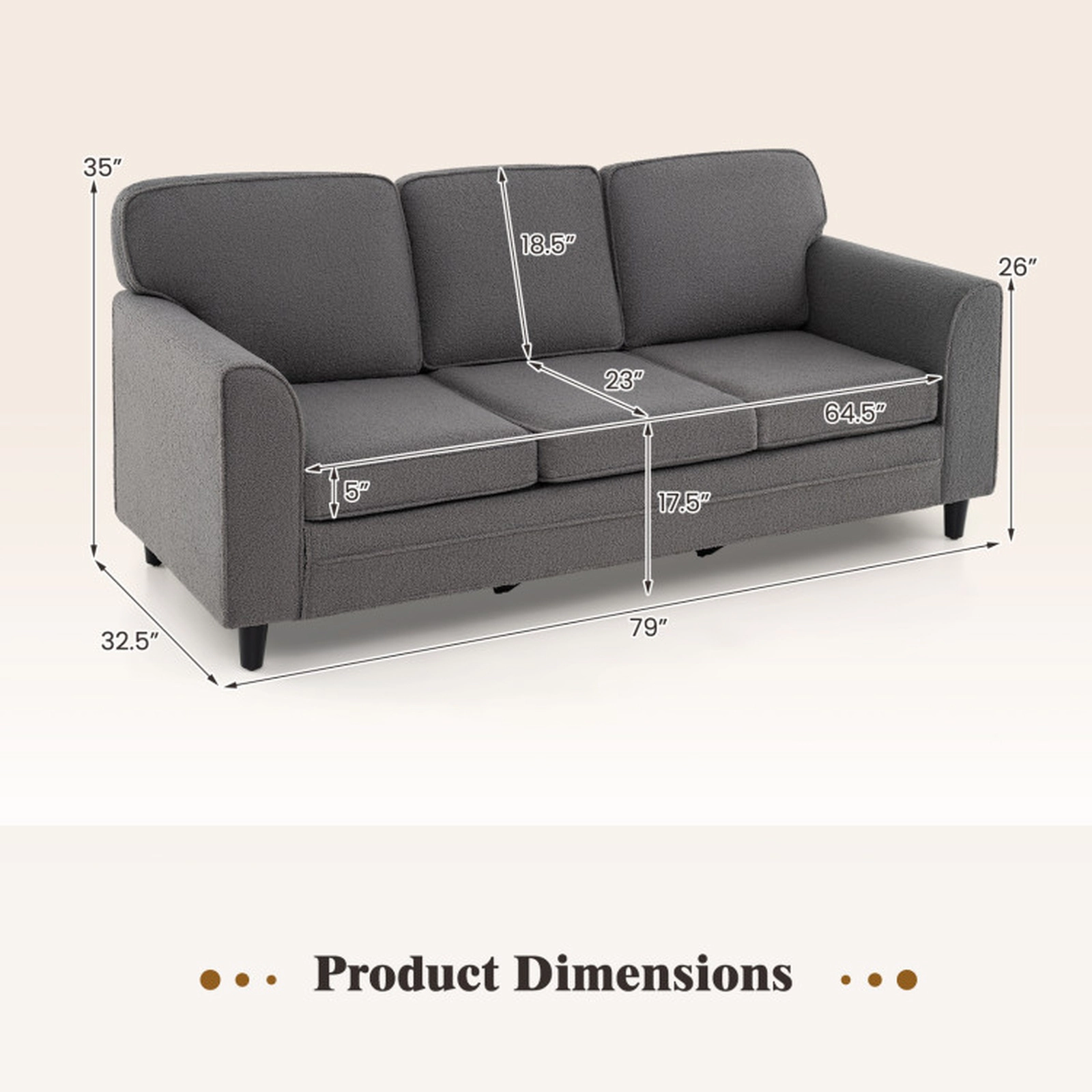 SUGIFT Upholstered Teddy Velvet 3-Seat Sofa with Comfy Back Pillows 485-lb Capacity 79-in Frame 64.5-in Seat Gray/White
