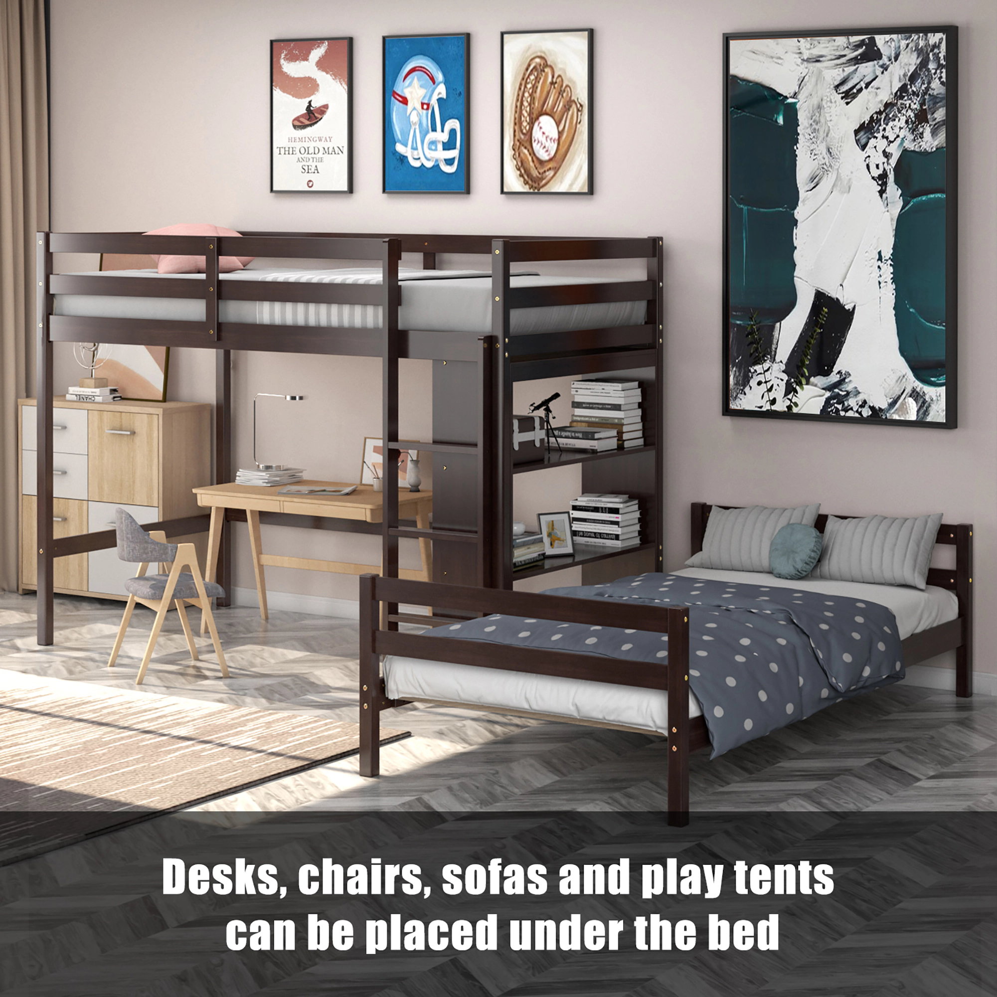 Costway Twin Over Loft Bunk Bed Wood w/Bookcase Guardrail Ladder Kids Bedroom