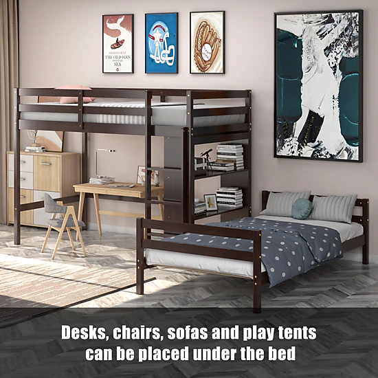 Costway Twin Over Twin Loft Bunk Bed Wood w/Bookcase Guardrail Ladder Kids Bedroom