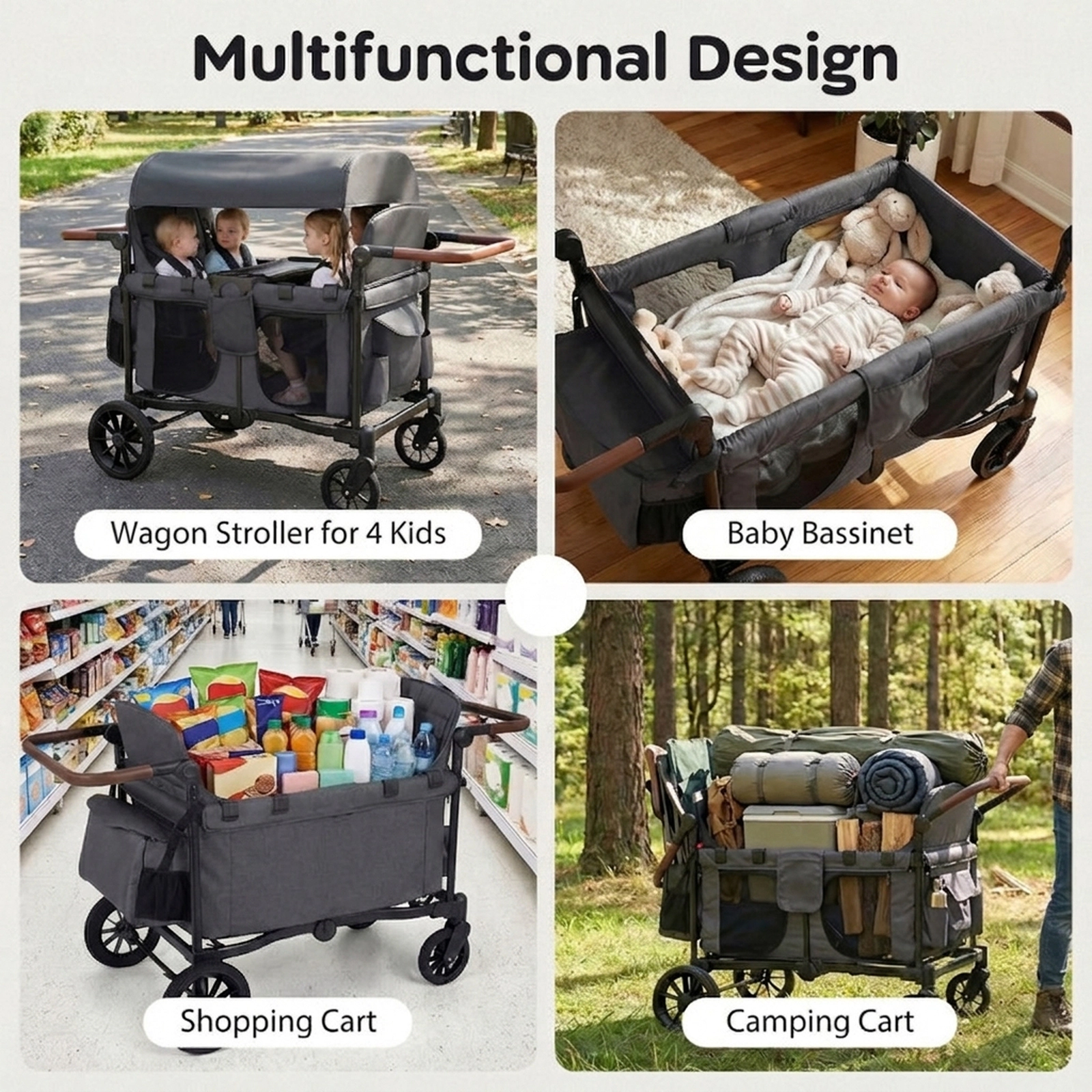 SUGIFT Foldable 4-Seater Push-Pull Wagon Stroller 35-lb Capacity Ages 6-36 Months Black/Gray