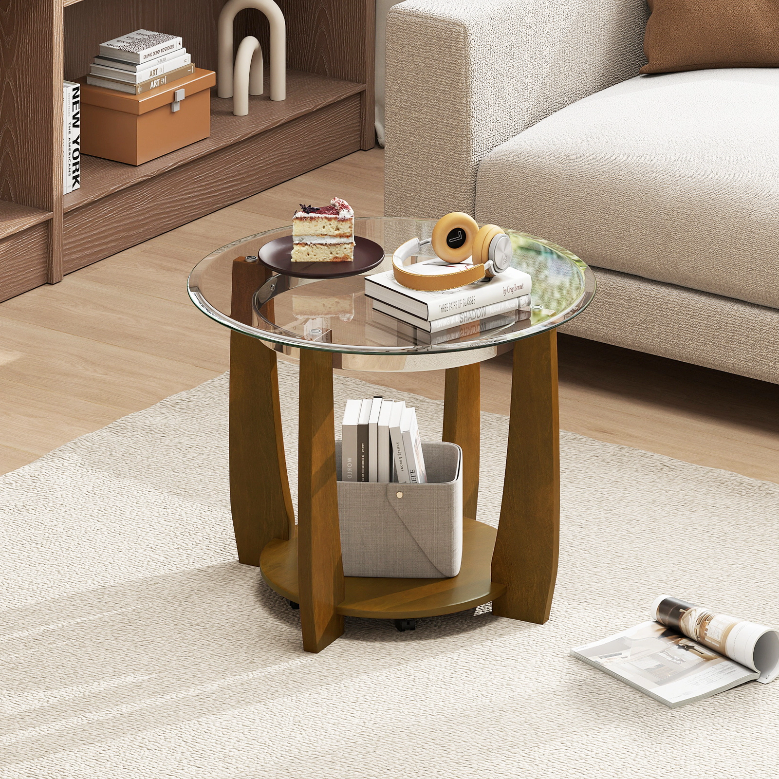 SUGIFT 2-Tier Round Coffee Table with Storage Shelf 300-lb Tabletop Capacity 180-lb Shelf Capacity Transparent & Walnut