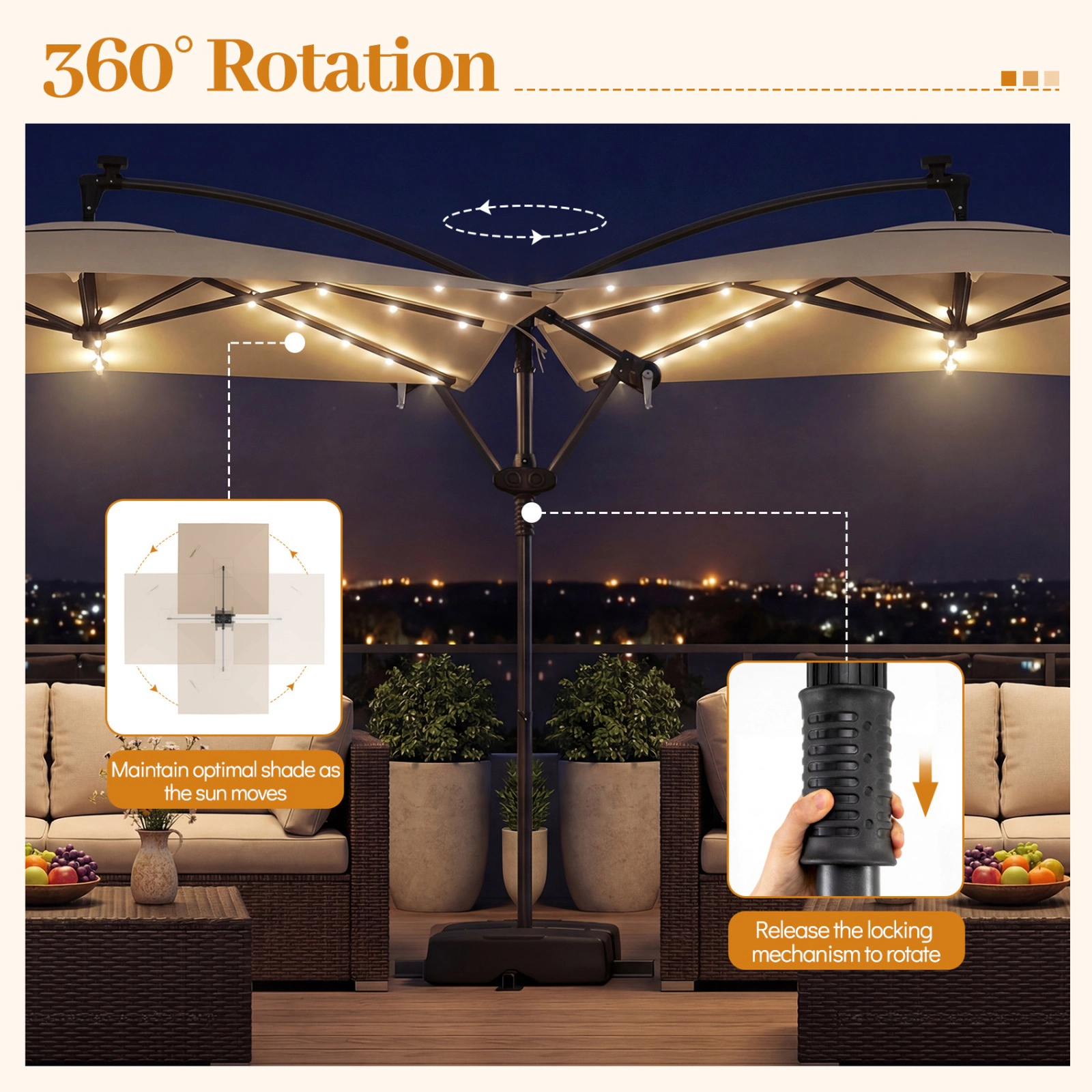 SUGIFT 8-ft Rustic Brown Square Solar LED Offset Patio Umbrella with 360-Degree Rotation and Sandbag Cross Base