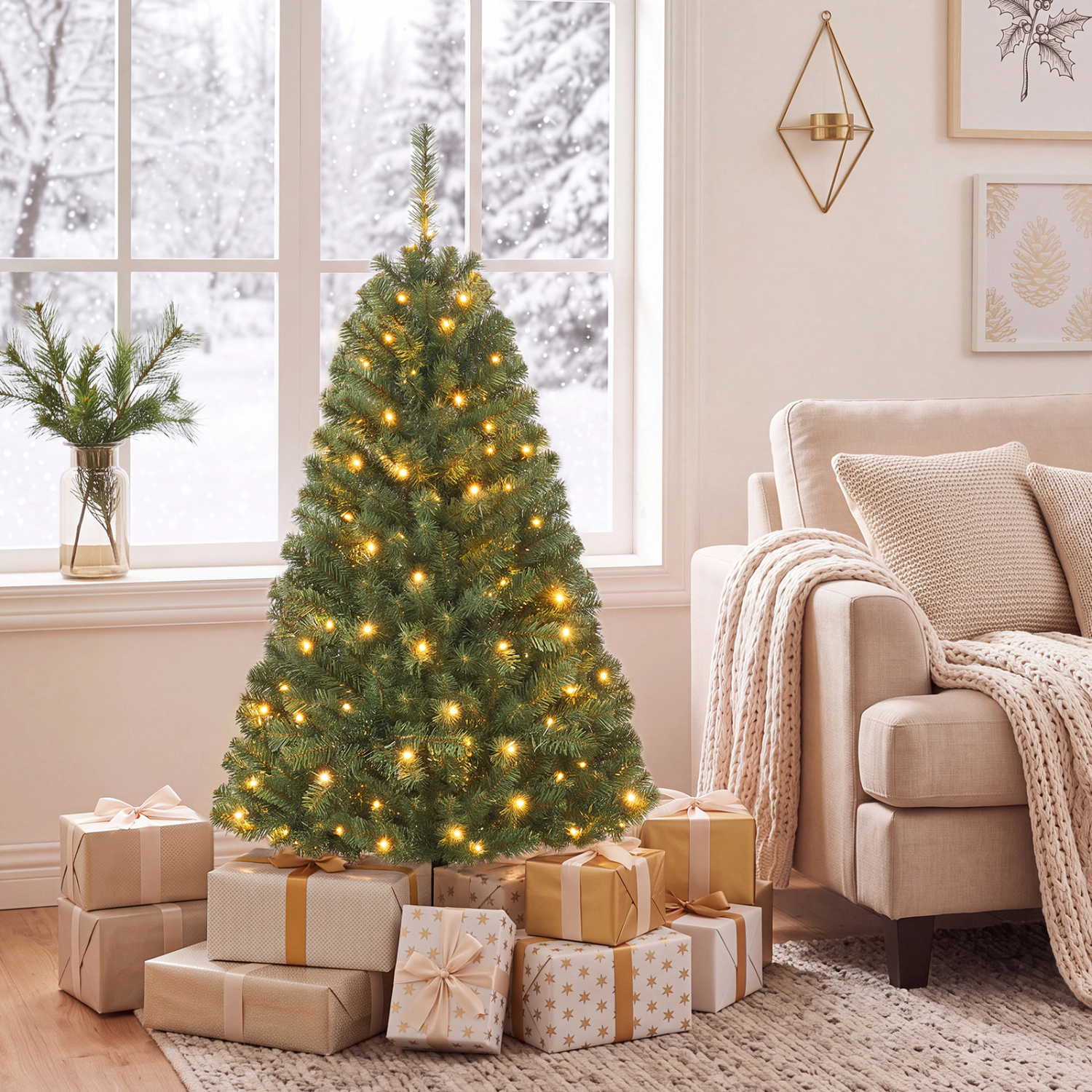 LJG Artificial Christmas Tree with 2 Lighting Colors and Folding Metal Stand