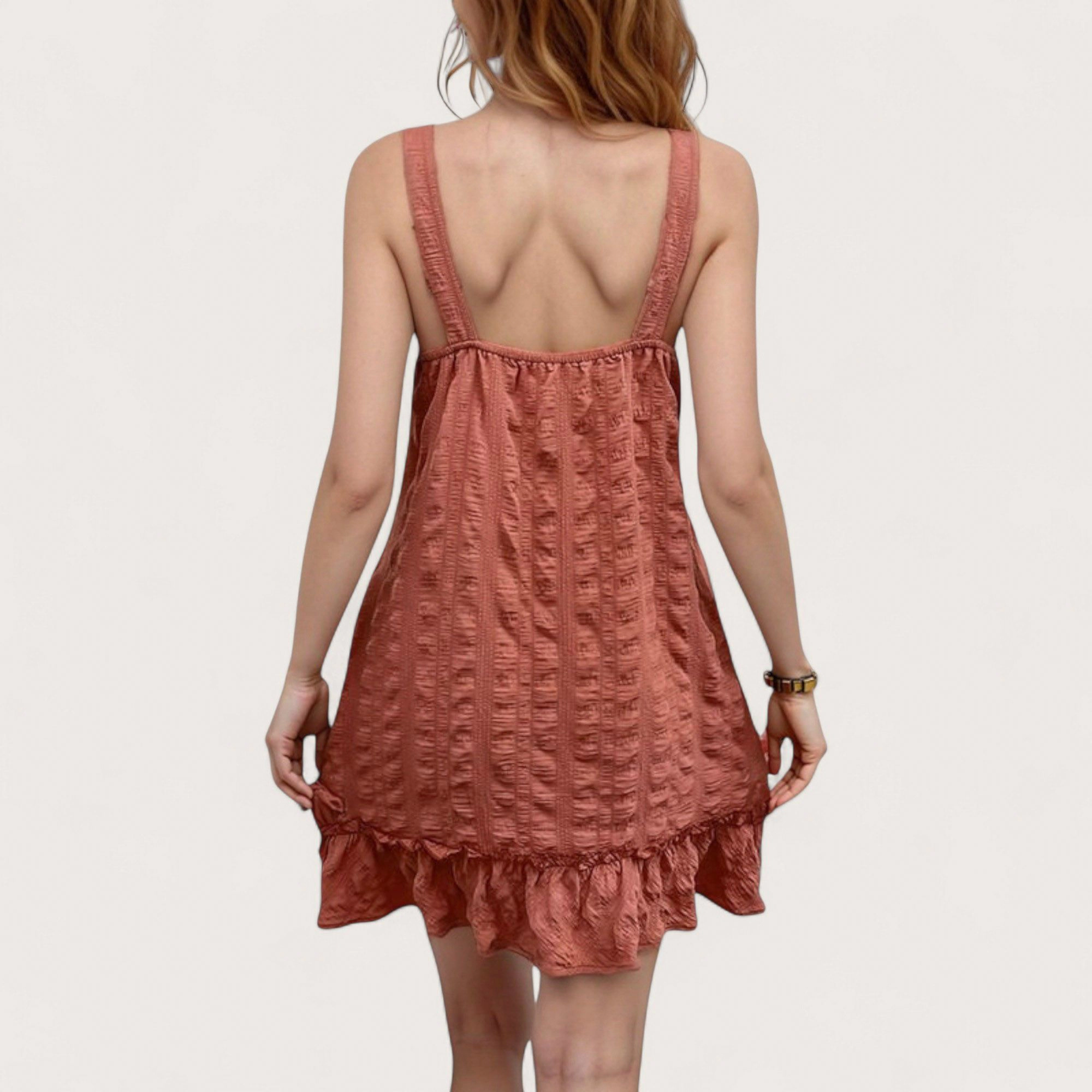 Anna-Kaci Women's Textured Button-Front Overall Dress with Adjustable Straps and Ruffle Hem