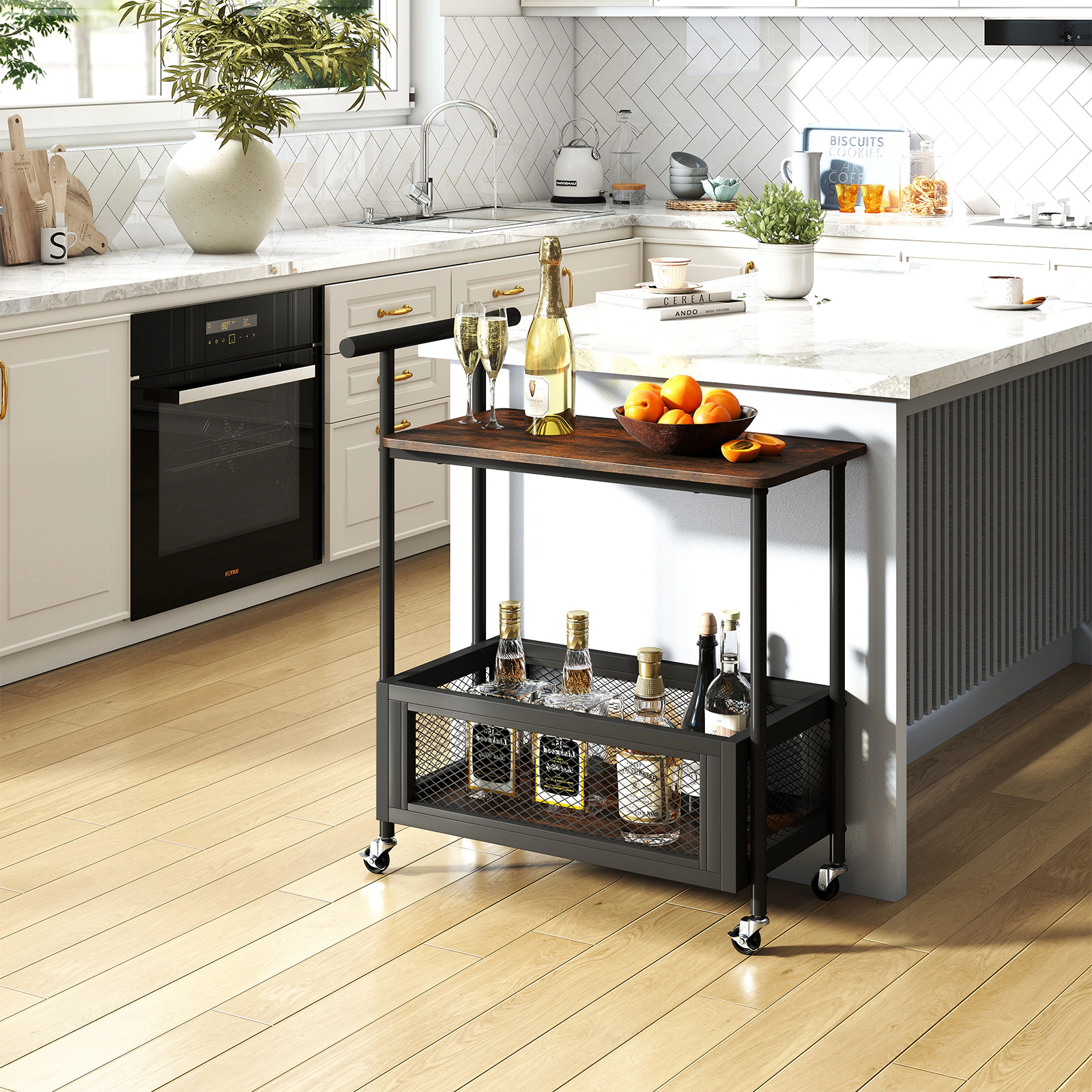 Glintex 2-Tier Rolling End Table with Push Handle and Guardrailed Bottom Shelf, Rustic Brown