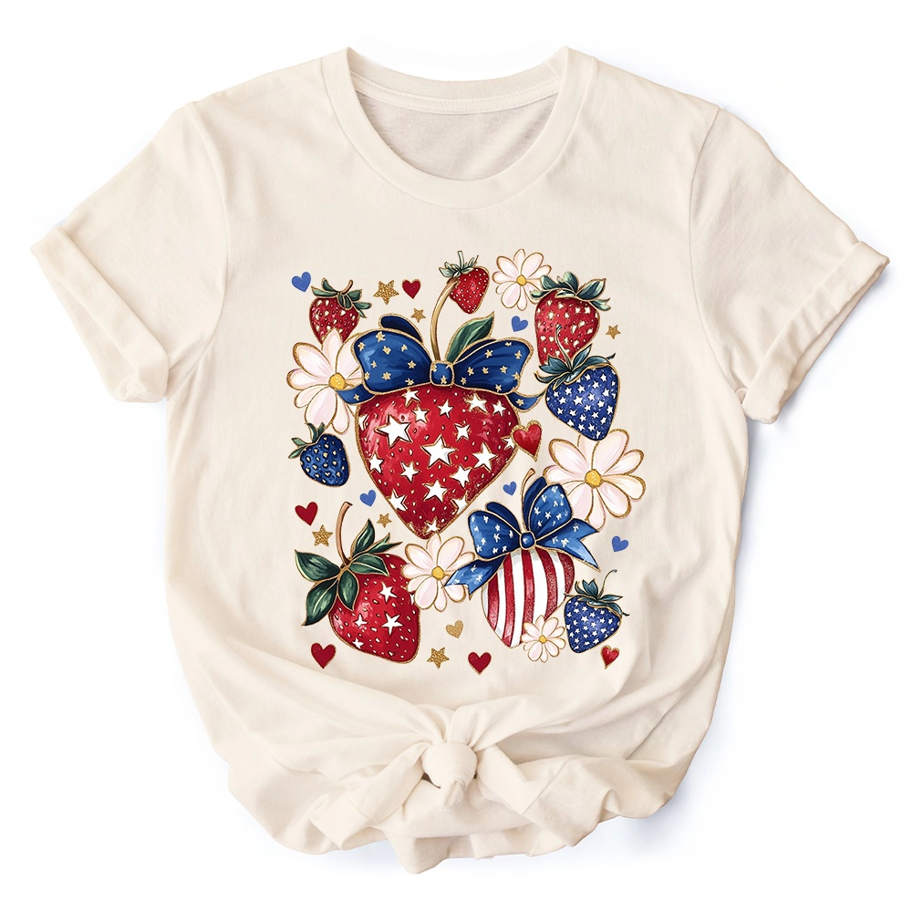 OrnamentallyYou Womens Patriotic Boho Strawberries Bouquet 4th Of July T-Shirt
