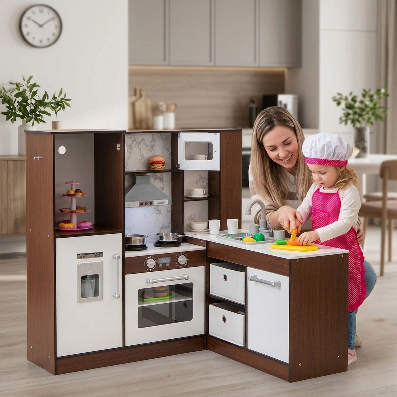 Wooden Corner Play Kitchen Water Circulation 360-Degree Faucet Ice Maker Plaid Curtains 40-in x 35-in x 38-in Brown