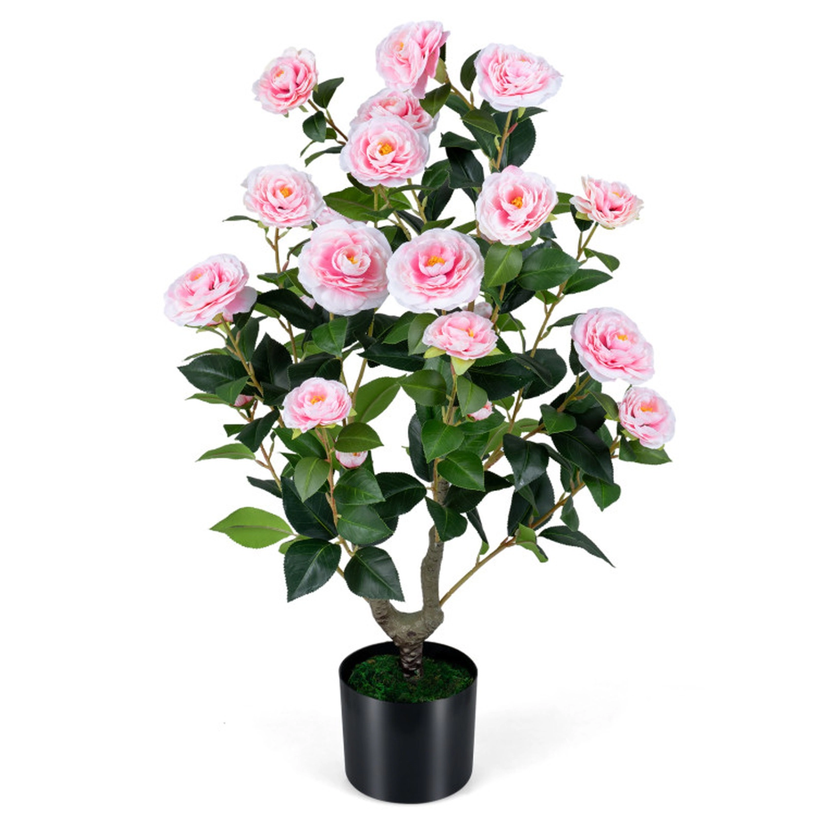 SUGIFT Artificial Camellia Tree Faux Flower Plant in Cement-Filled Pot 35.5-in Tall Pink