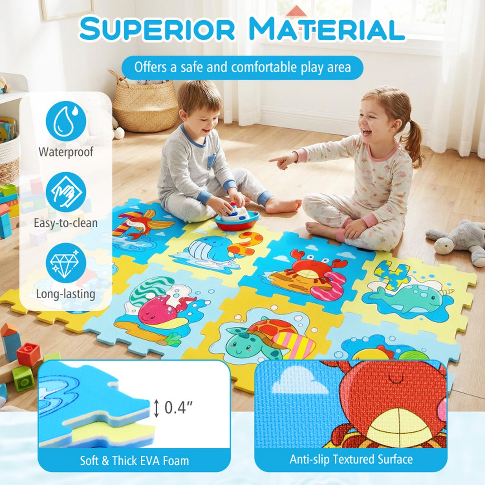 SUGIFT 8-Piece 12-in Educational Interlocking EVA Foam Baby Play Mat with Removable Animals and Numbers