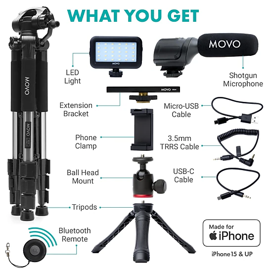 Movo USB-C Vlogging Kit for iPhone 15 with Fullsize Tripod - USB Type-C Compatible Vlog Kit- Accessories: Tripods