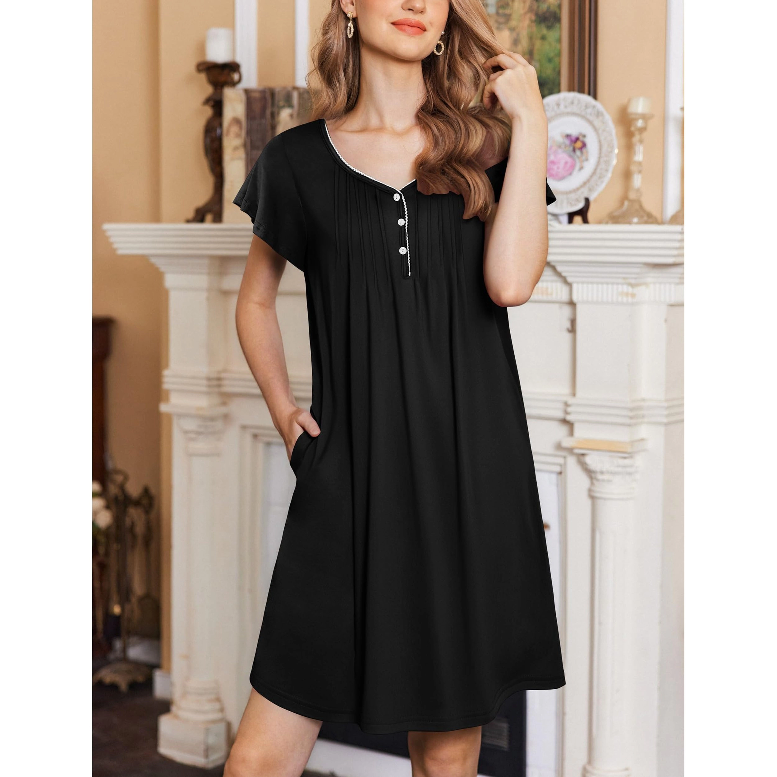 Ekouaer Women's Nightgown Flare Short Sleeve Sleepwear Pleated Sleepshirt Soft Pajama Dress