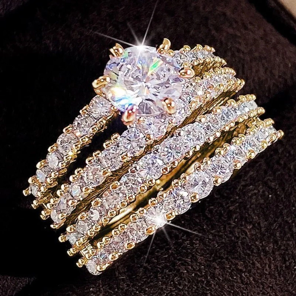 14K Gold Plated Oval Cut Cubic Zirconia Bridal Ring Set 2Pcs Stackable Engagement Wedding Band