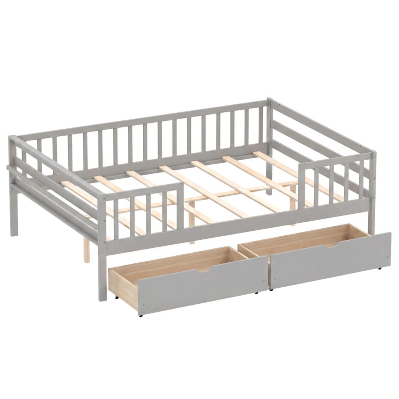 SUGIFT Gray Full-Length Fence and 2 Rolling Storage Drawers Full Size Kids Daybed