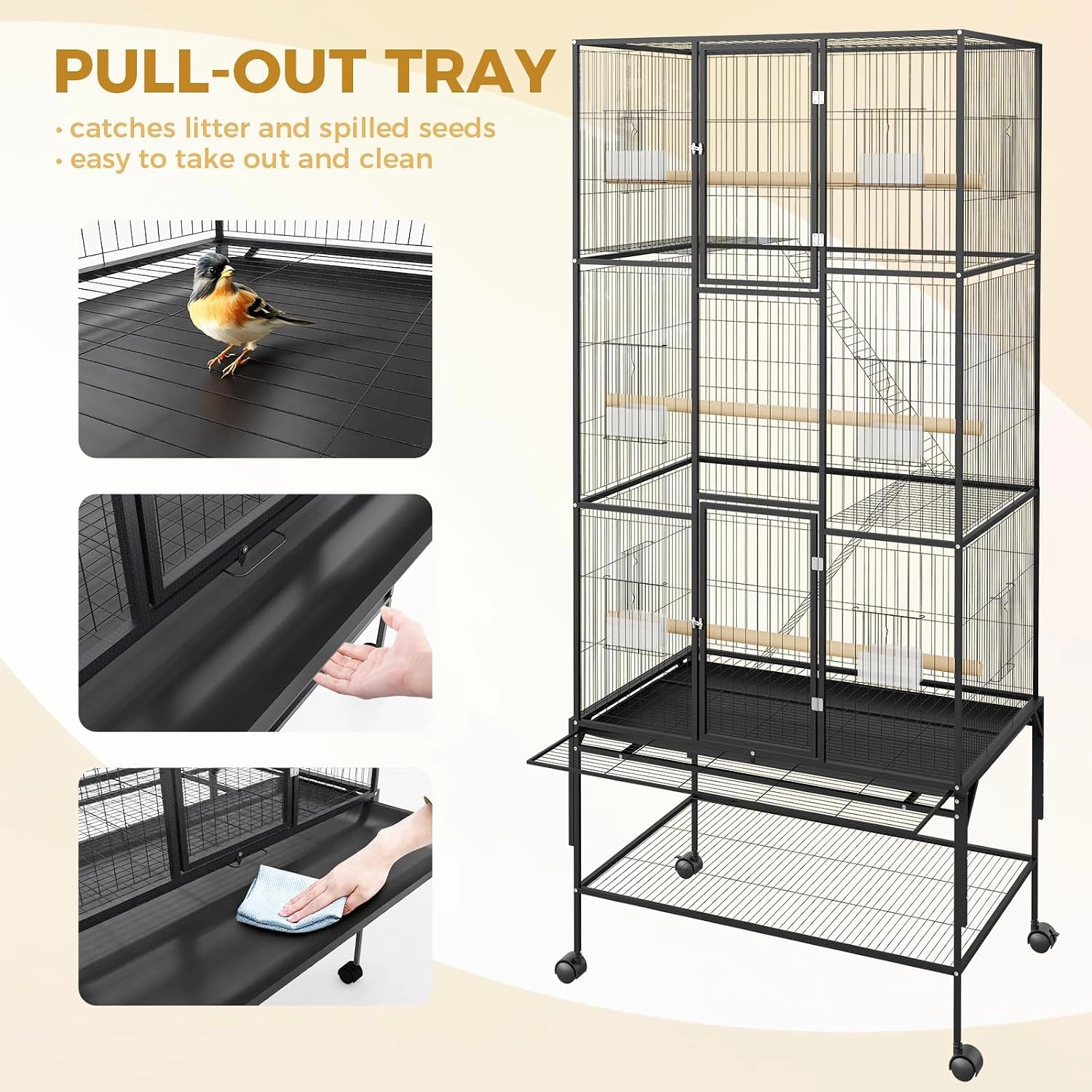 69-Inch Tall Large Metal Parrot Bird Cage, Rolling Stand Flight Aviary for Pet Parrots, Black