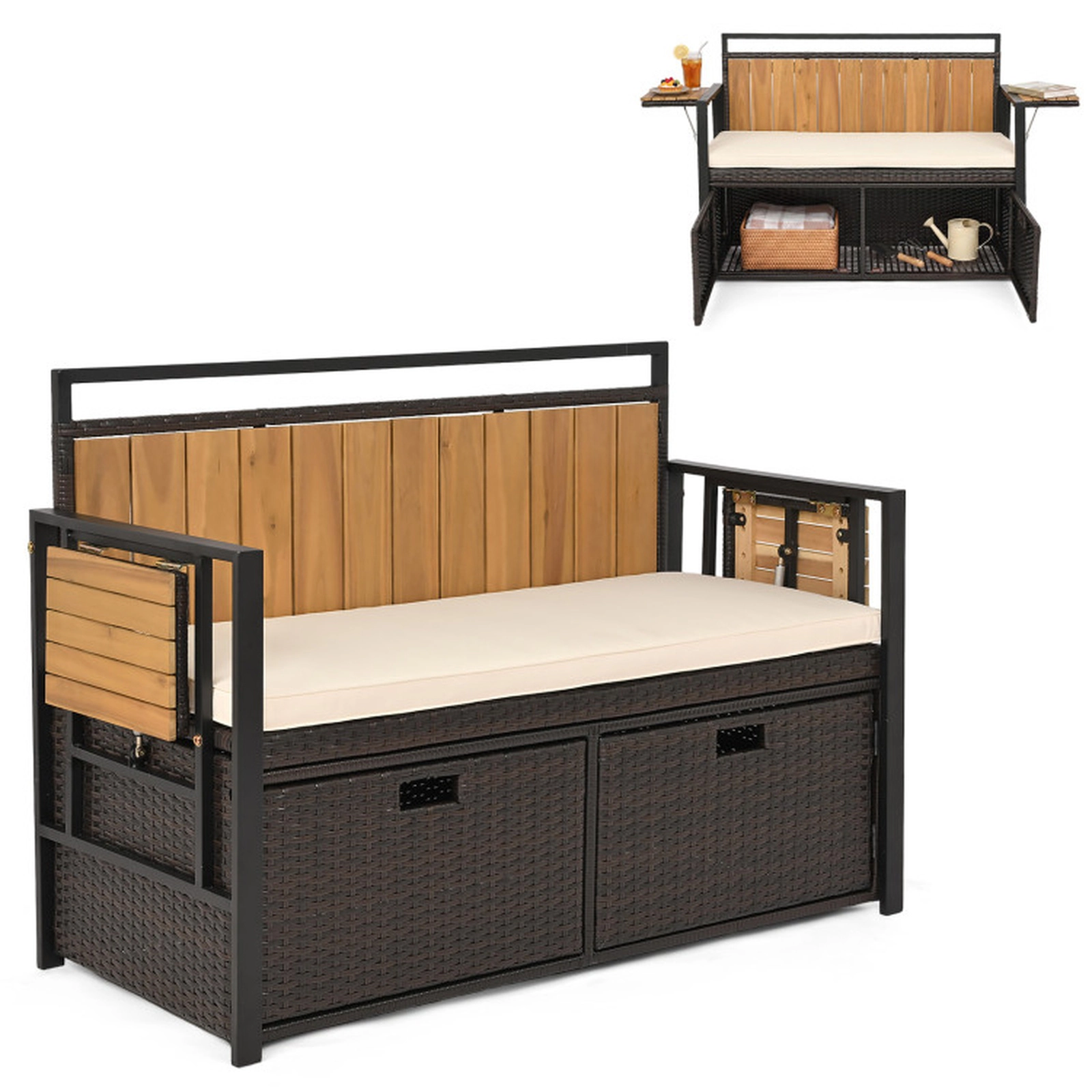 SUGIFT 2-Seater Outdoor Storage Bench, PE Rattan, Folding Side Tables, Cushion, 705-lb Capacity