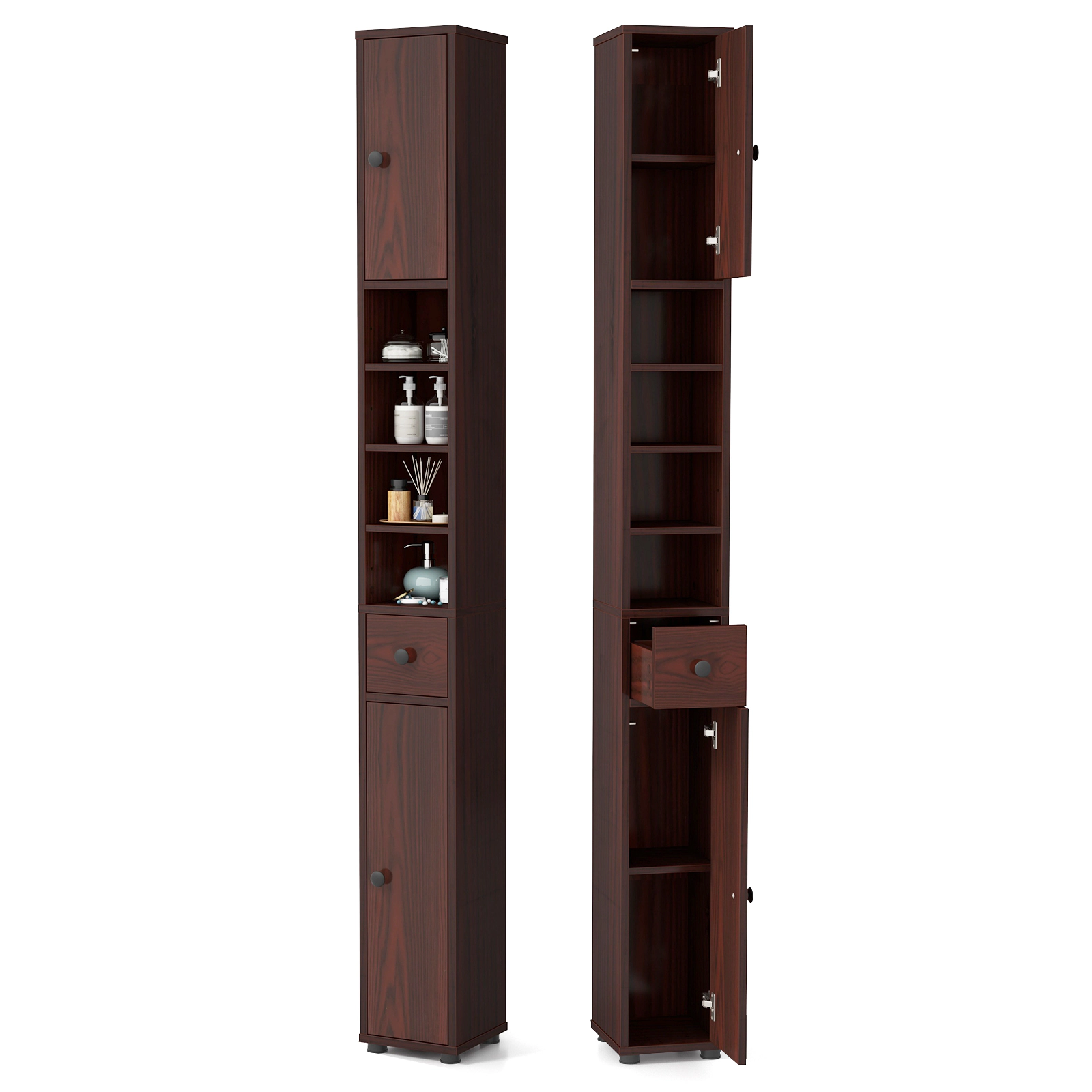 SUGIFT Brown 110-lb Capacity 8-in Slim Freestanding Bathroom Storage Cabinet with Drawer and 5 Adjustable Shelves