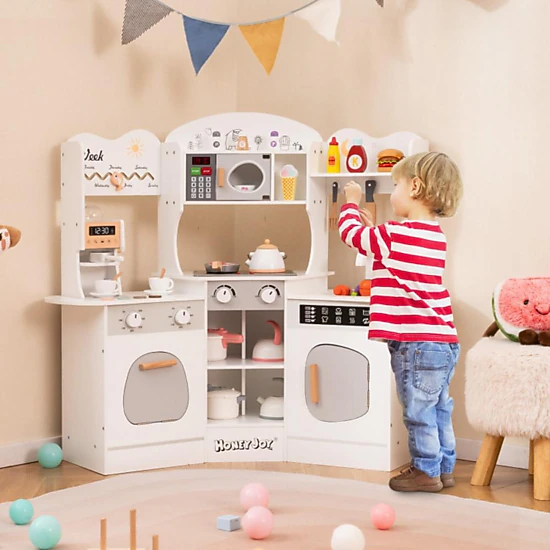 Hivvago Corner Wooden Play Kitchen with Coffee Machine and Slide for Kids