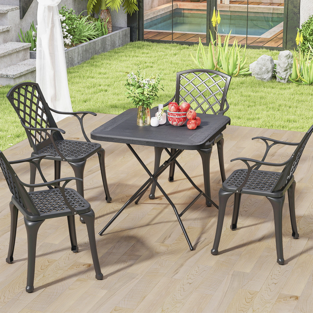 SUGIFT Foldable Wood-Grain HDPE Dining Table with X-Frame 110-lb Capacity Black