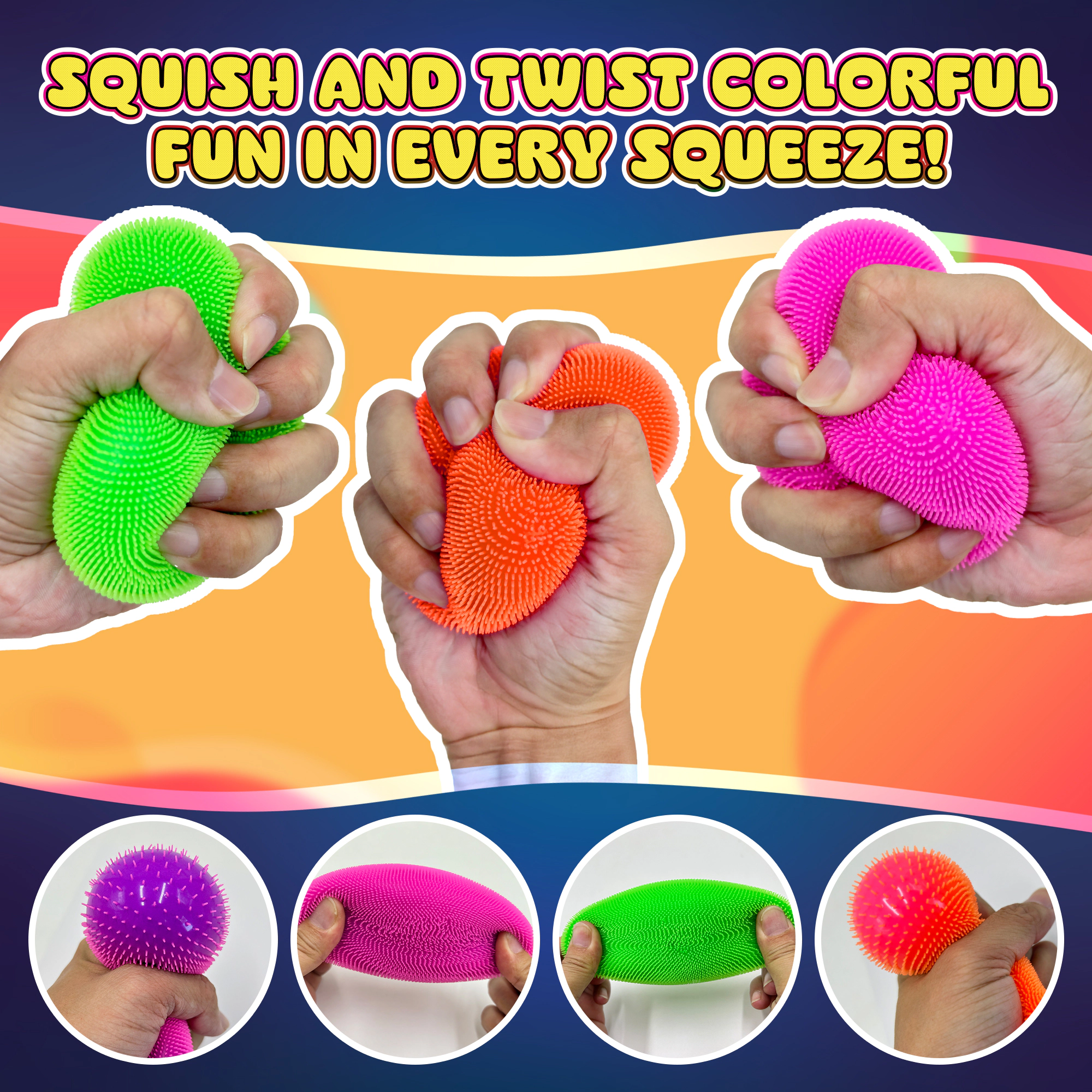 Power Your Fun 3-Pack Neon Sensory Squish Balls - Bright and Fun Stress Relief Toys For Kids
