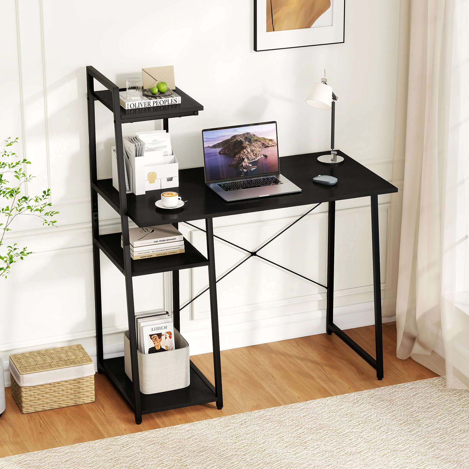 SUGIFT Computer Desk with 3-Tier Storage Bookshelf and Shelves 155-lb Desktop Capacity Rustic Brown & Black/Natural &