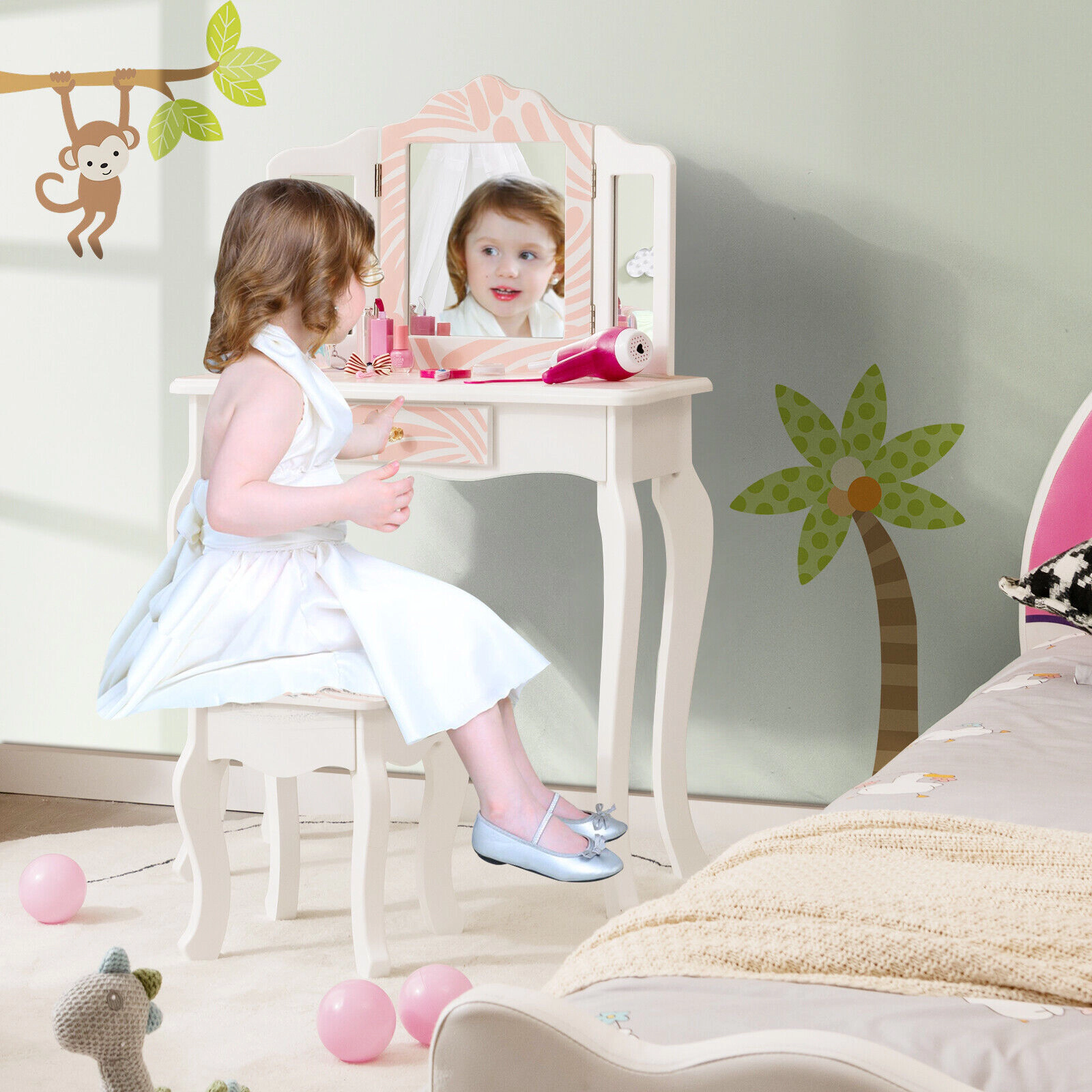 SUGIFT Pink Tri-Folding Mirror Large Drawer and Stool 2-in-1 Kids Vanity Table Set