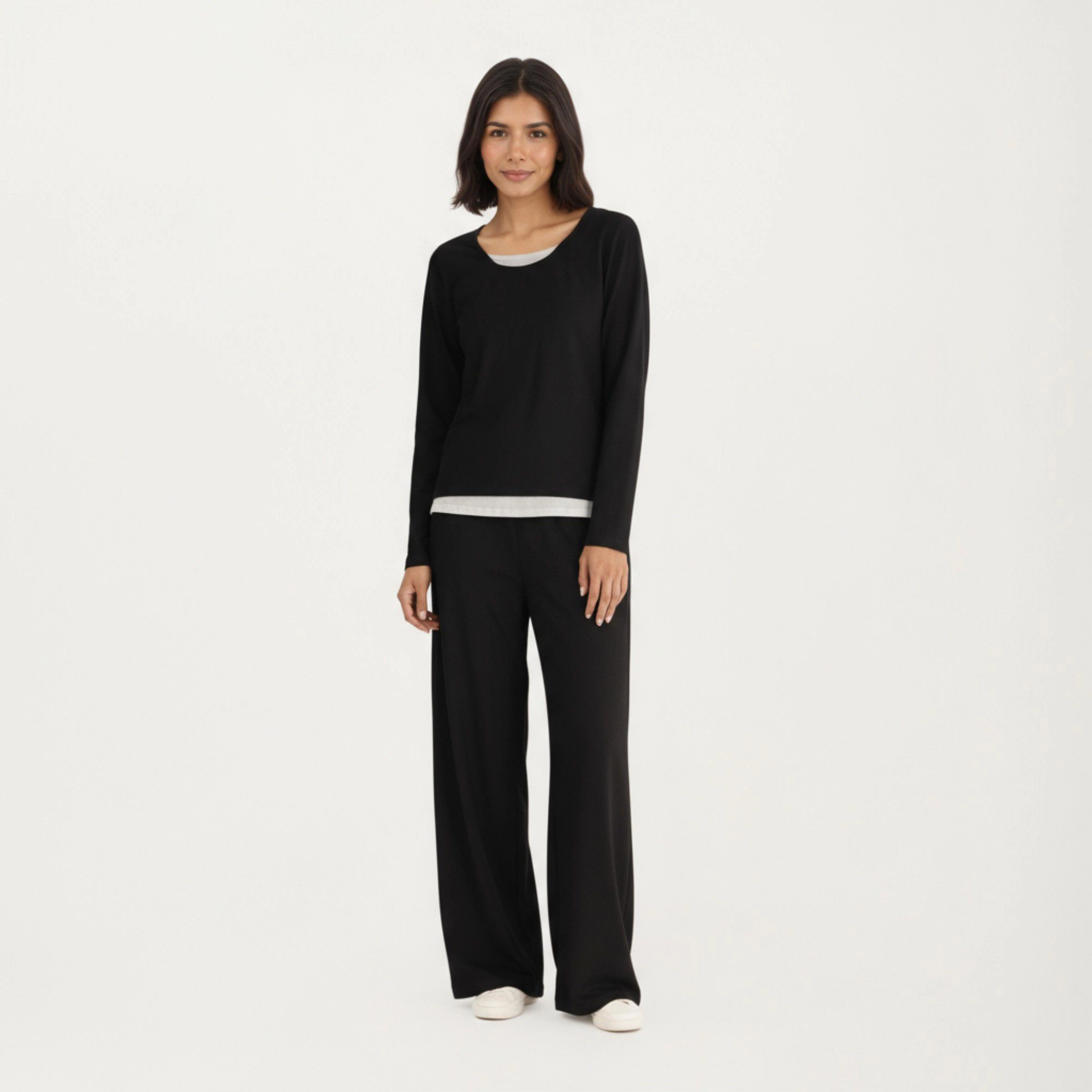 Anna-Kaci Women's 2-Piece Long Sleeve Scoop Neck Top with Contrast Layered Hem and Wide Leg Pants