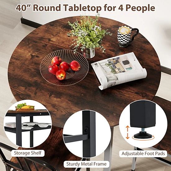 Hivvago 5-Piece Round Dining Table Set With Storage Shelf For Dining Room