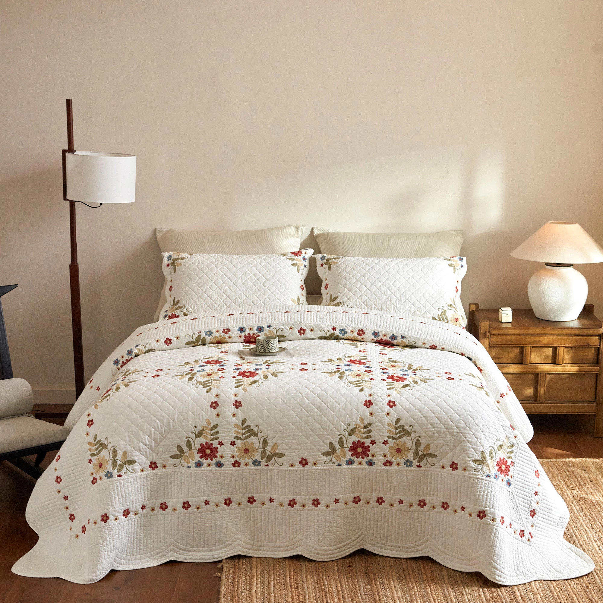 MarCielo 3 Piece 100% Cotton Embroidered Cottage Floral Quilt Bedspread Set – Classic Farmhouse