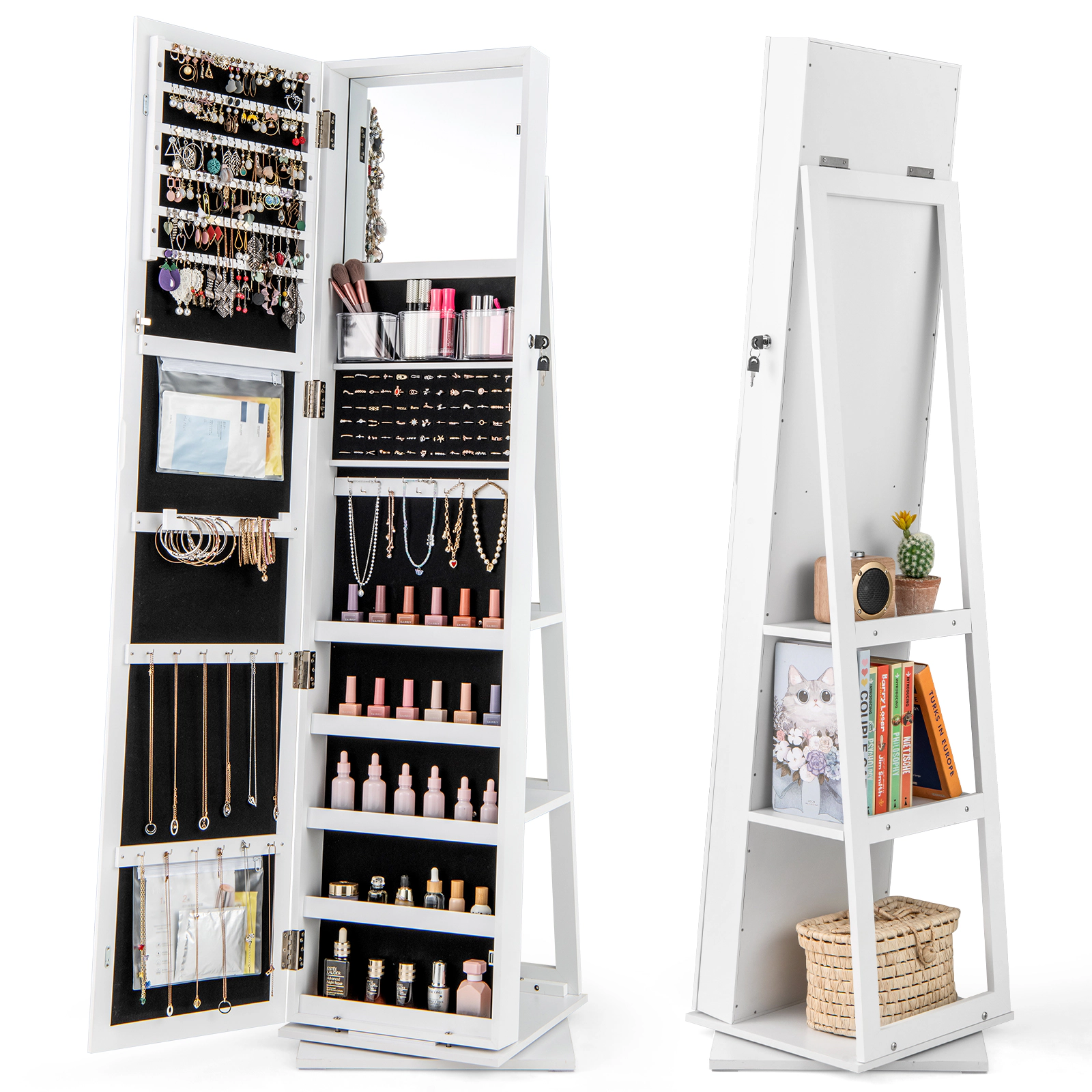 SUGIFT 62.5 in Swivel Jewelry Armoire White with Full Length Mirror and 3 Back Storage Shelves