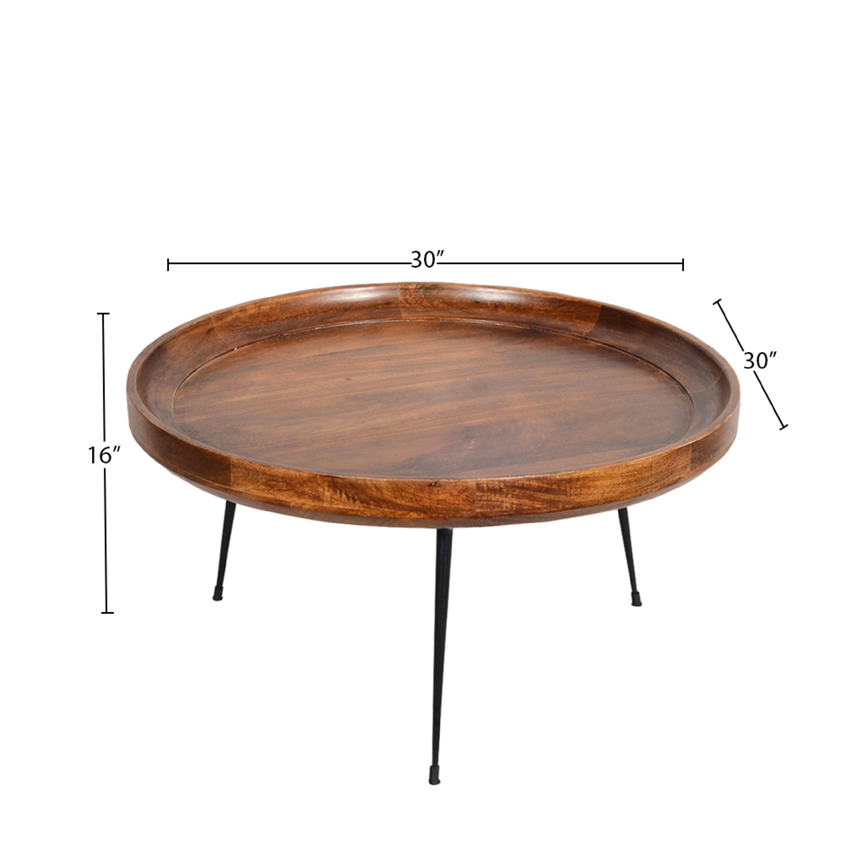 The Urban Port Handcrafted Round Mango Wood  Coffee Table with Tray Top,  Dark Walnut Brown, Black Iron Legs
