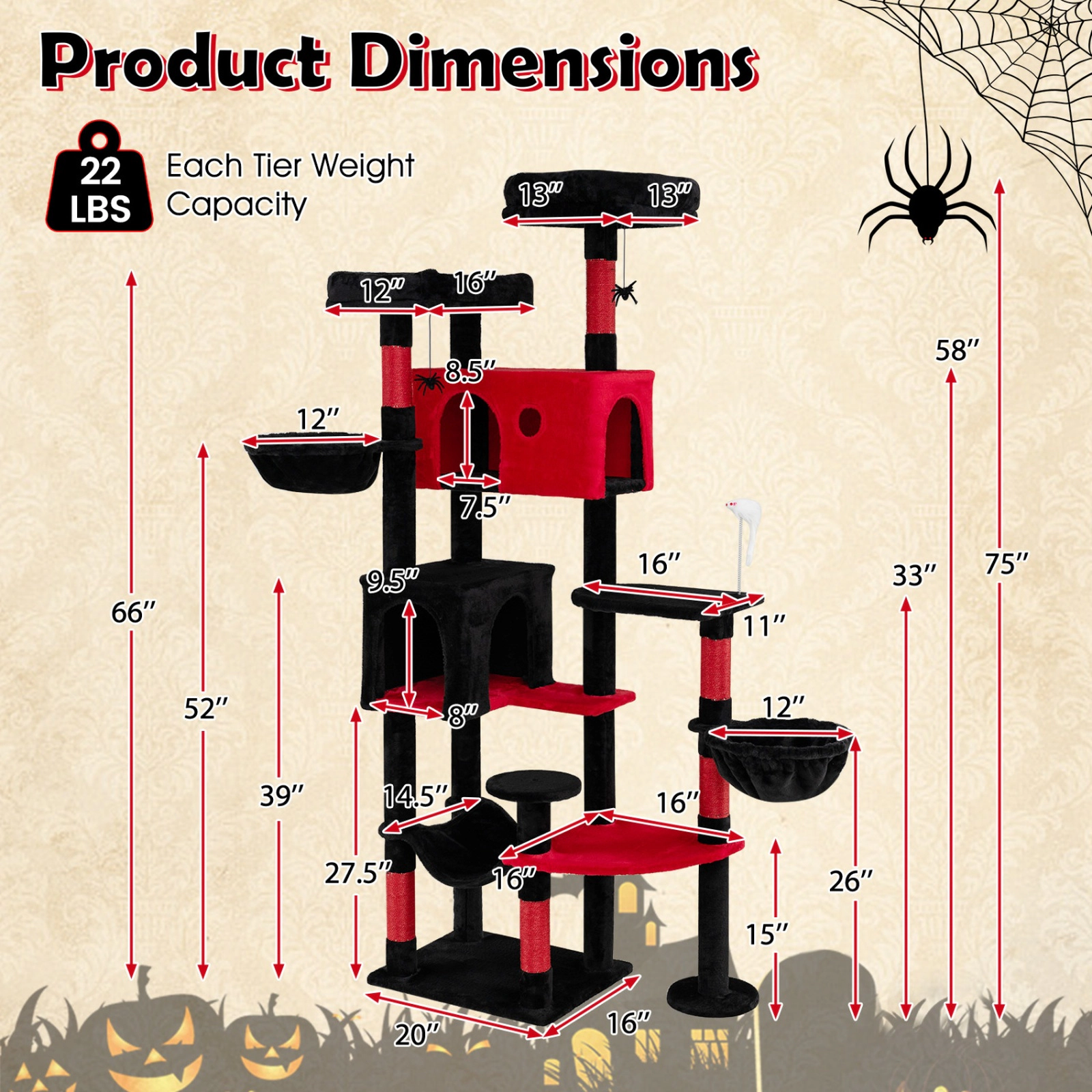 SUGIFT 75-in Gothic Cat Tree with 2 Plush Perches, 2 Condos, Hammock and Basket Beds 22-lb Tier Capacity Black & Red