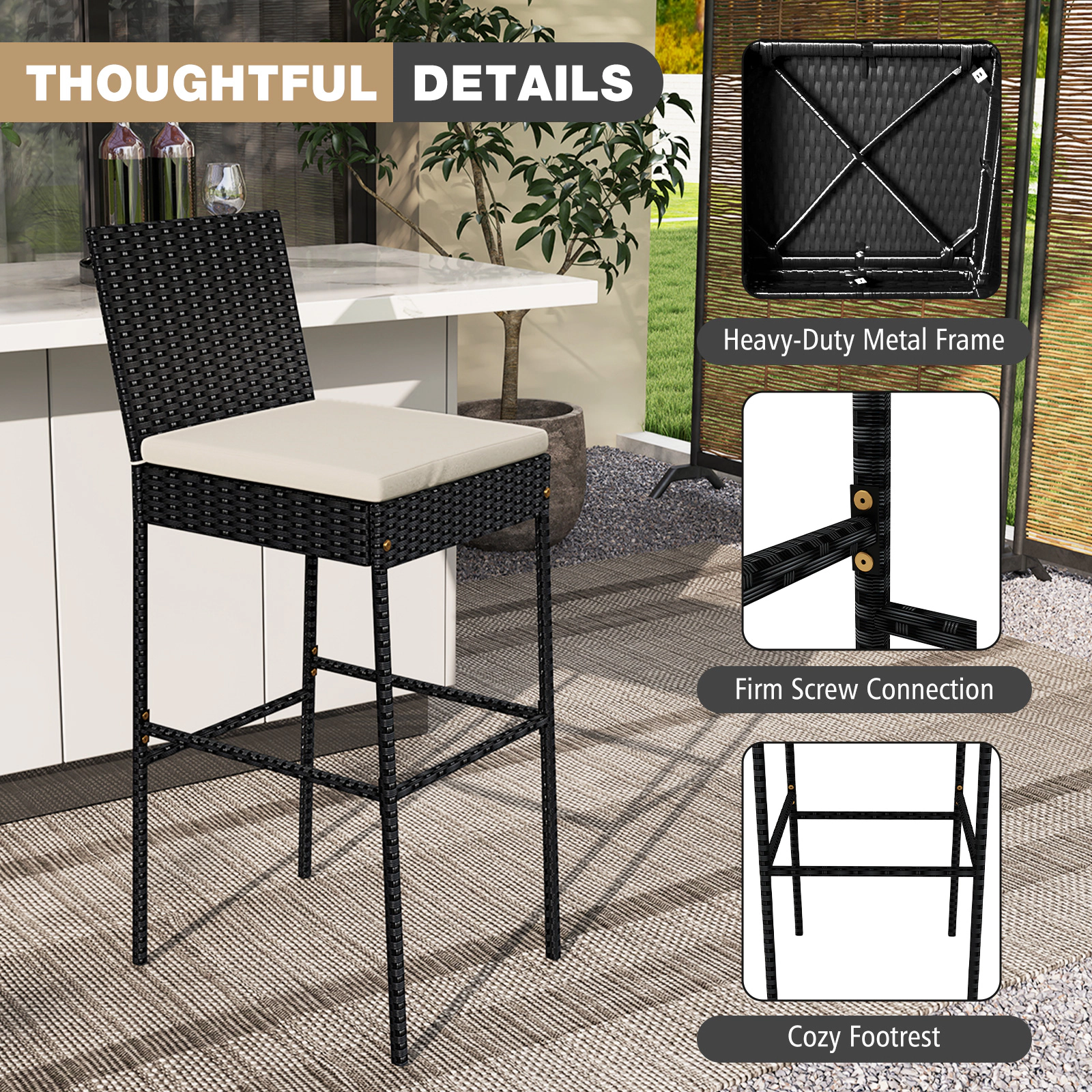 SUGIFT Black Backrest Footrest and Seat Cushions Set of 2 Patio Wicker Bar Stool