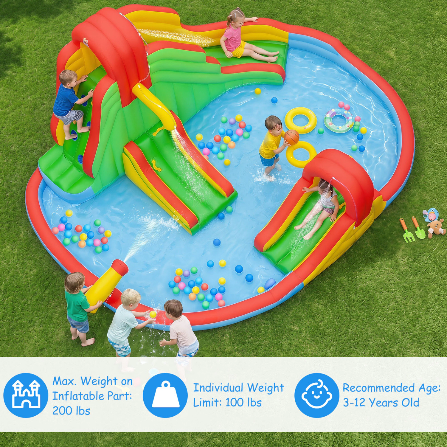 LJG Kids Inflatable Water Park with Splash Pool and 3 Water Slides (Blower Not Included)