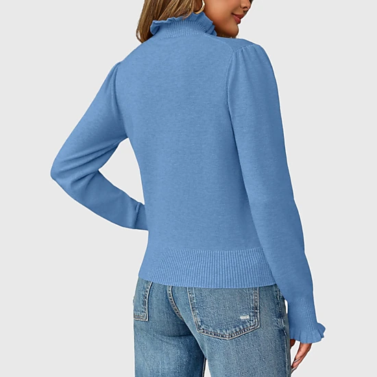 YesFashion Women's Ruffle Mock Neck Sweater Casual Long Puff Sleeve Soft Knit Pullover Tops