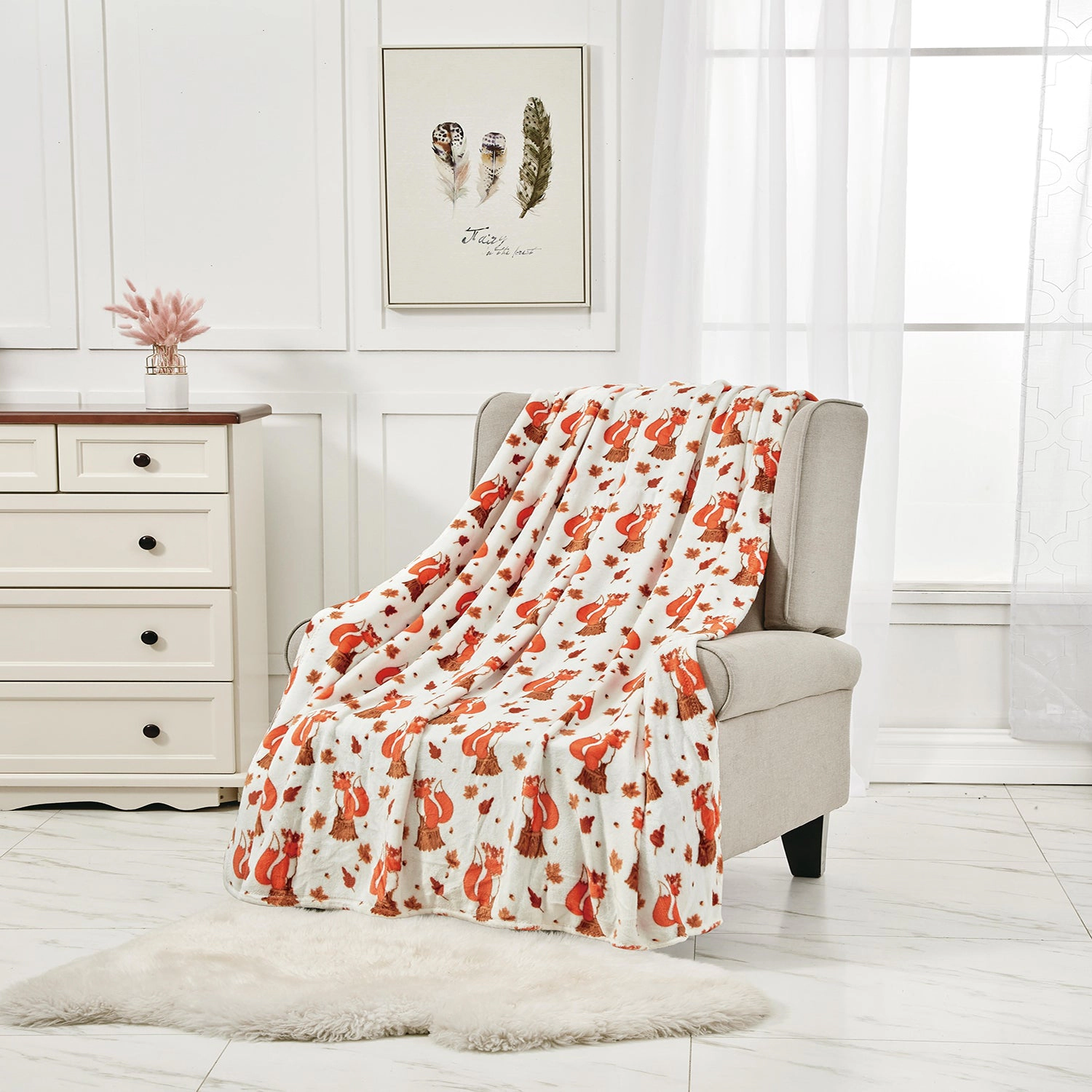 Plazatex Fall Vixen Plush Decorative All Season Throw Blanket 50" X 60" White