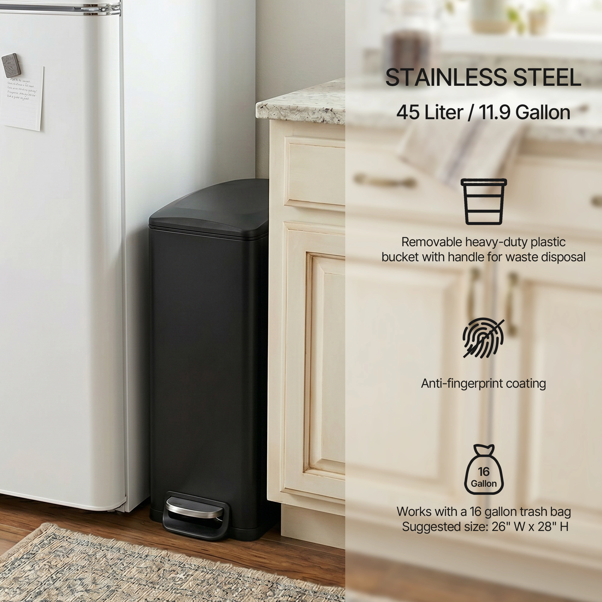 Innovaze 12.9 Gal./ 45 Liter Slim Stainless-Steel-Made Matt Black Step-on Kitchen Trash Can