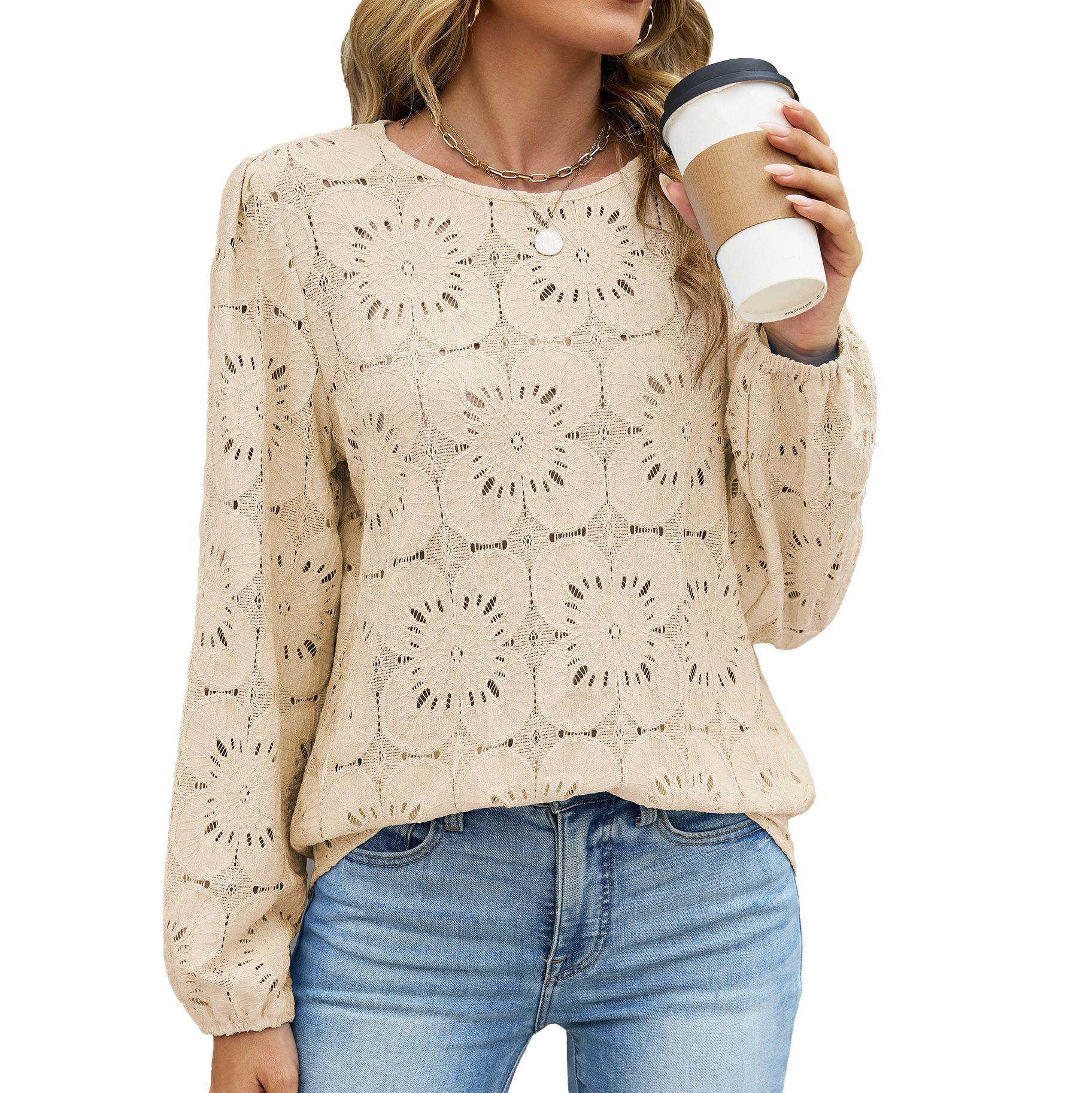 Enchanted Funland Womens Round Neck Floral Lace Puff Sleeve Elastic Cuff Casual Tops