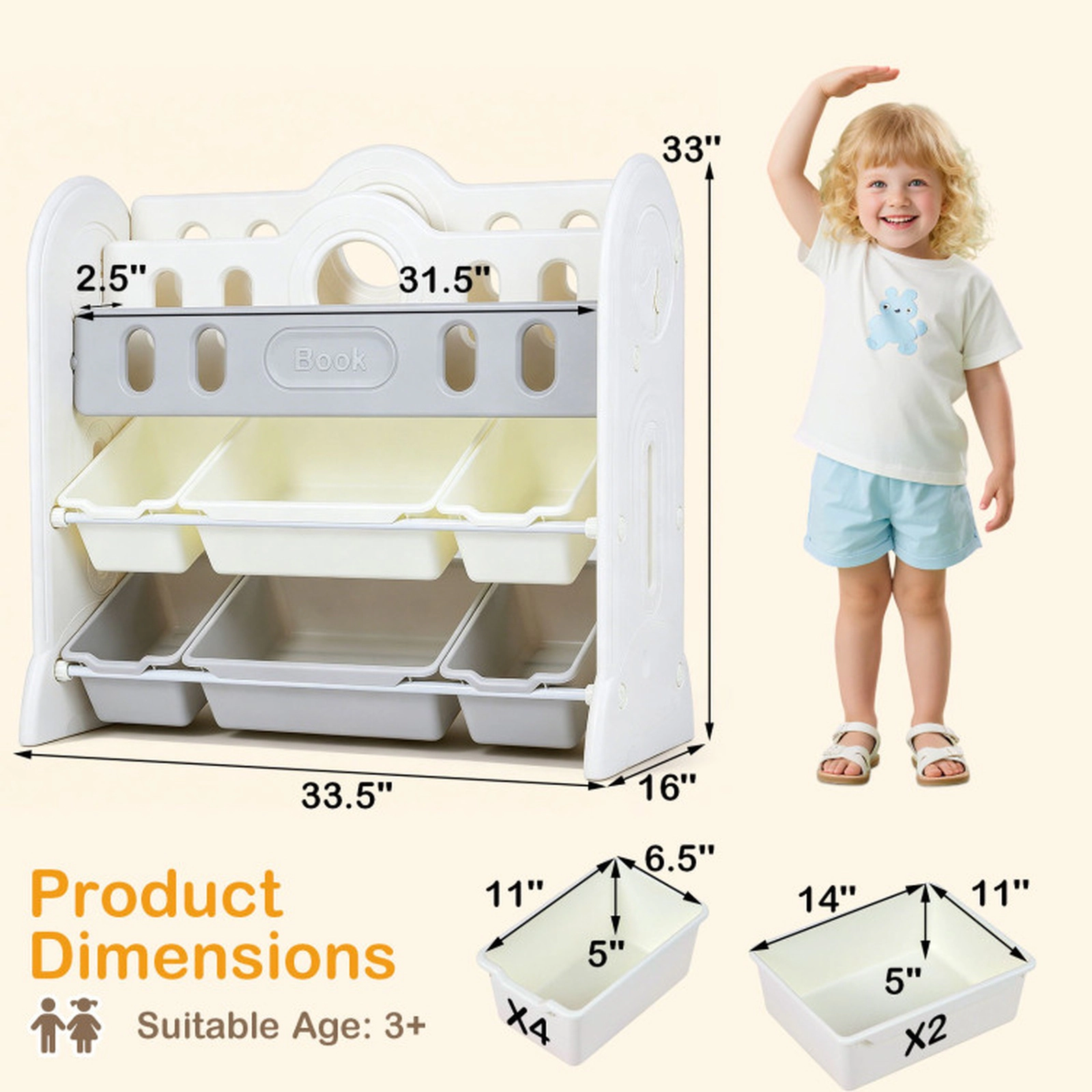 SUGIFT 2-Tier Front-Facing Kids Bookshelf and Toy Storage Organizer Ages 3+ with 2 Large and 4 Small Bins White + Gray