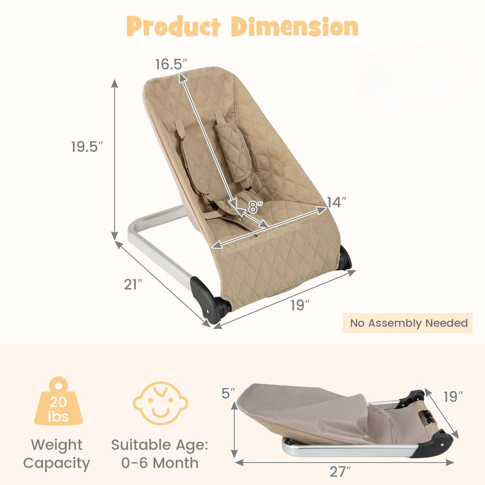 SlickBlue Unisex Baby Bouncer With 5-Point Harness and Foldable Seat