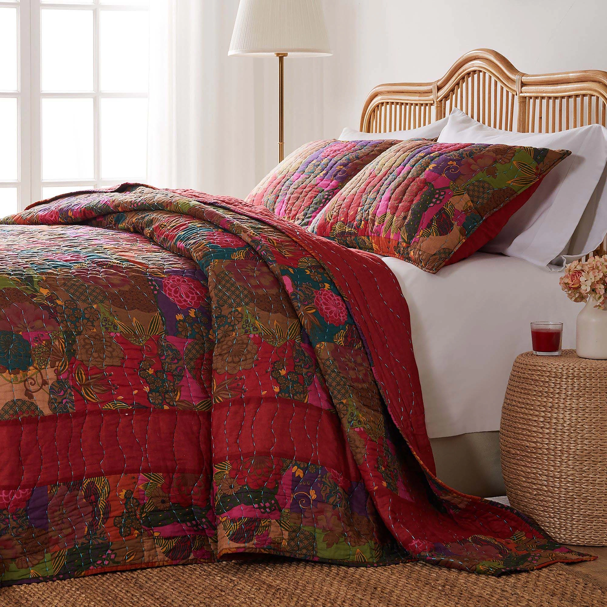 Greenland Home Fashions Jewel Cotton Kantha Quilted Bedspread Set Jumbo Sized Reversible Quilt Set 3 Piece